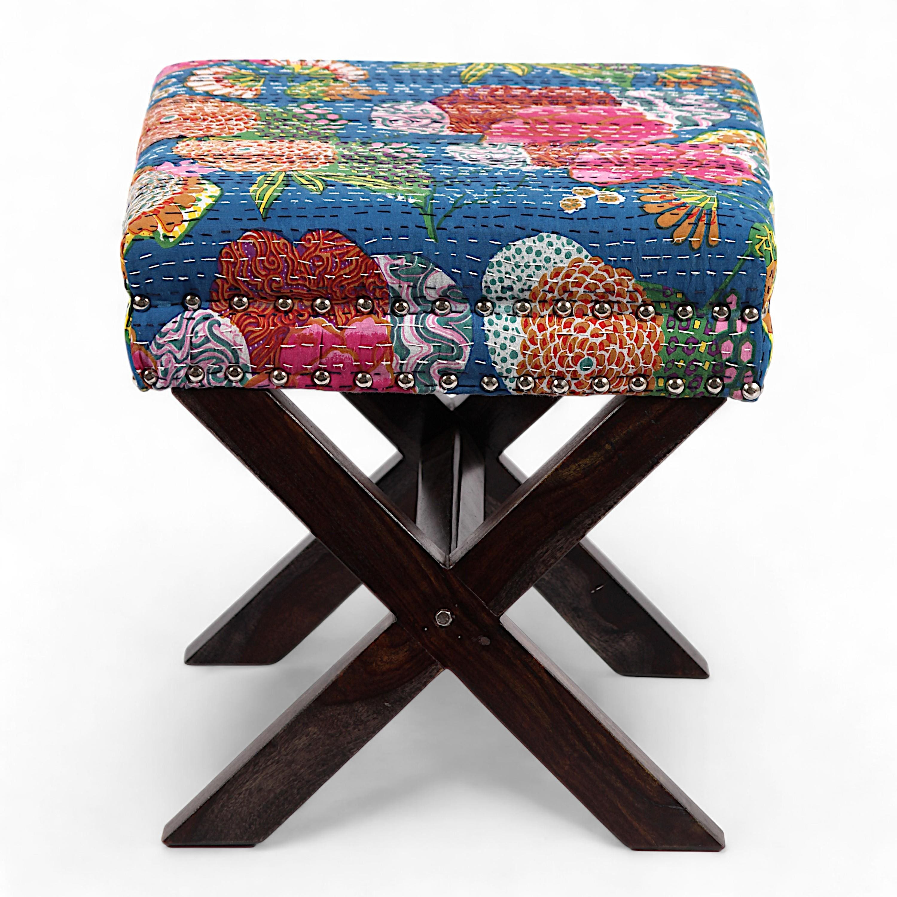 Rosslyn Solid Wood Pouf Stool in Fruit Print Blue Ethnic Kantha fabric