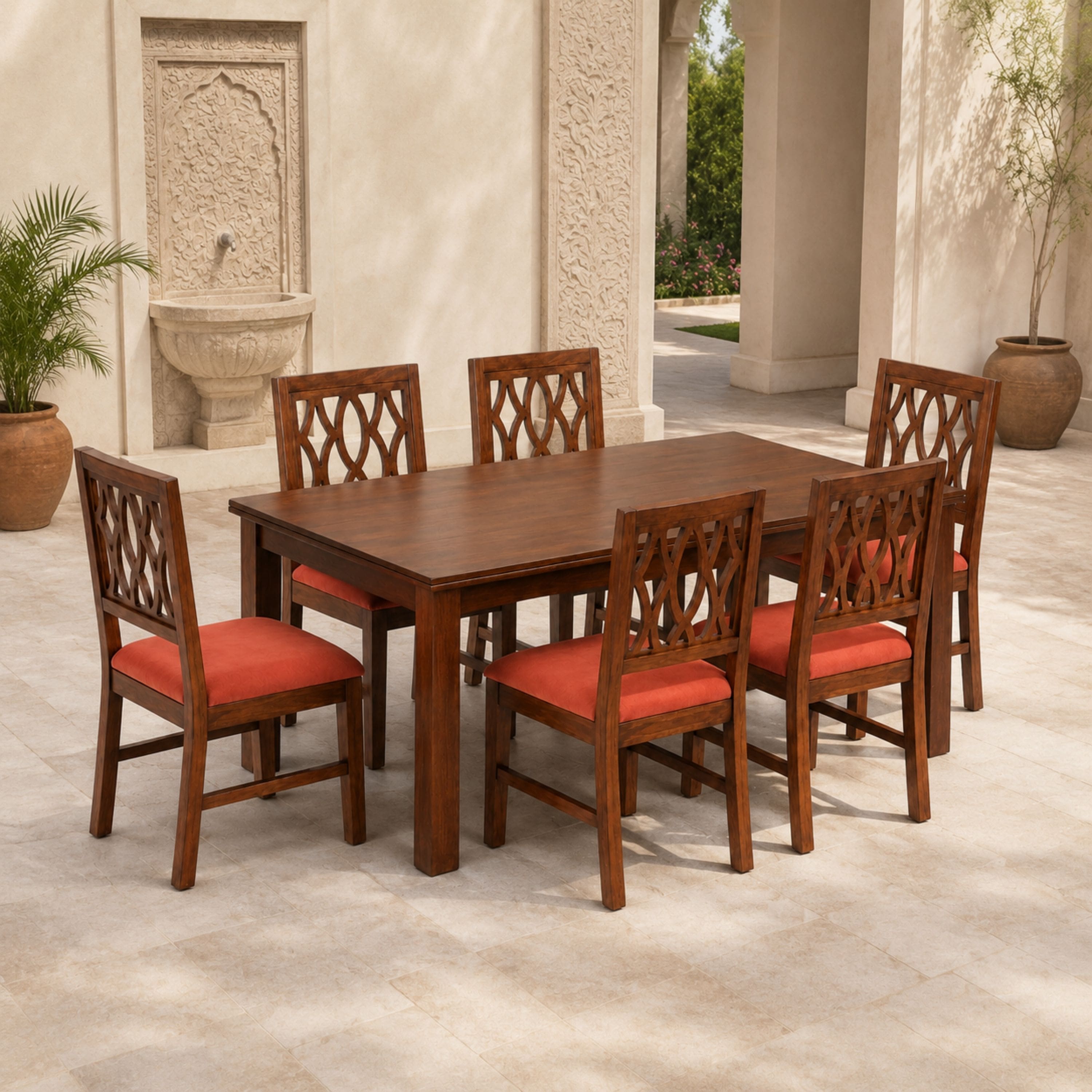 Globally Indian Pranika Solid Sheesham Wood 6 Seater Dining Table Set 6 Chairs Terracotta Orange