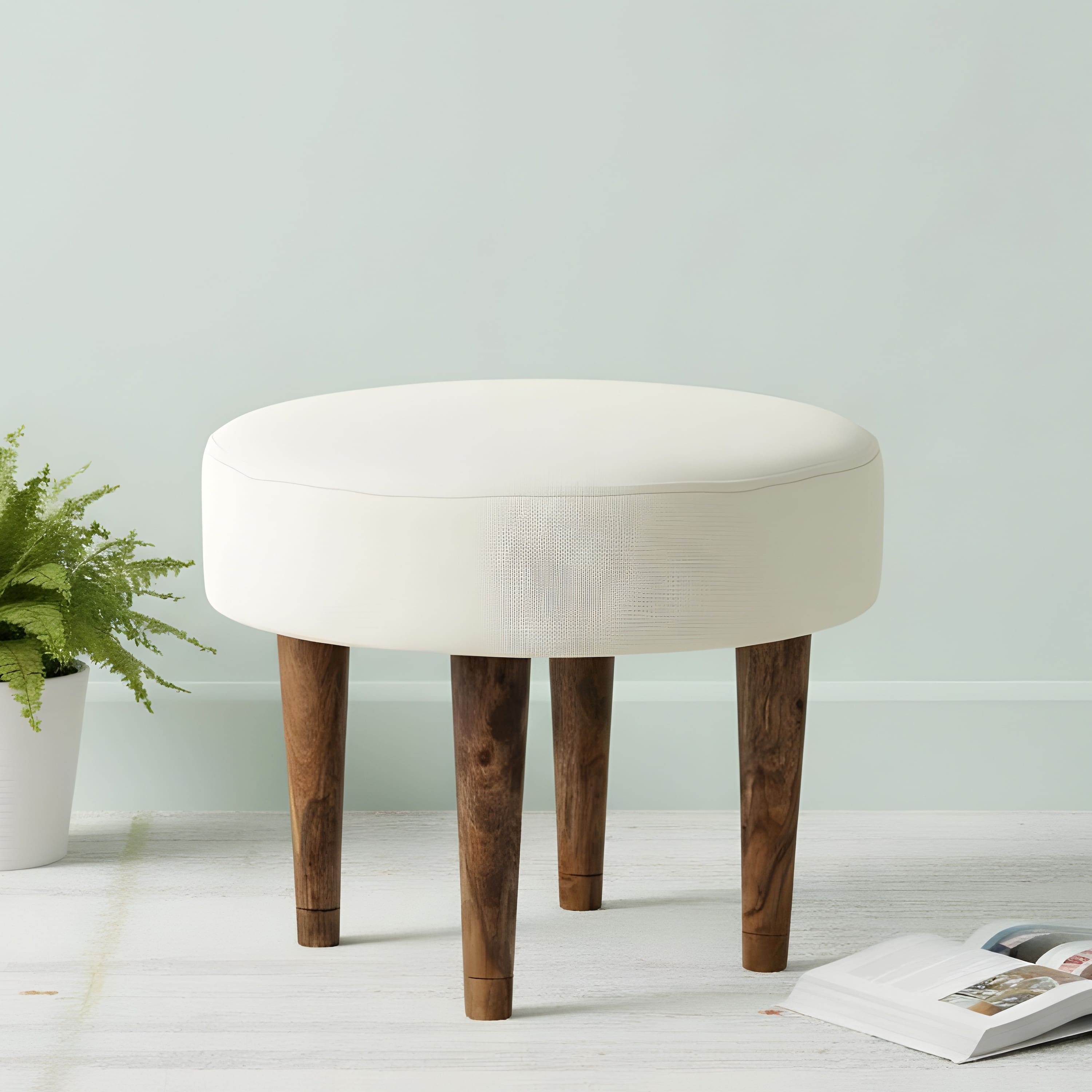 Nayla Soild Wood Stool with White Fabric upholestery & Teak Finish Legs