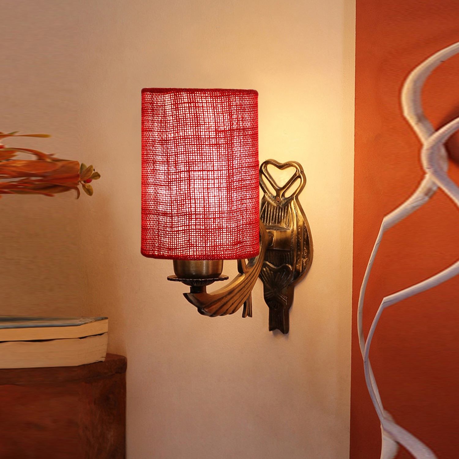 Devansh Metal Electric Wall Light in Antique Gold Colour with Maroon Shade Count of 1 Light - Devansh