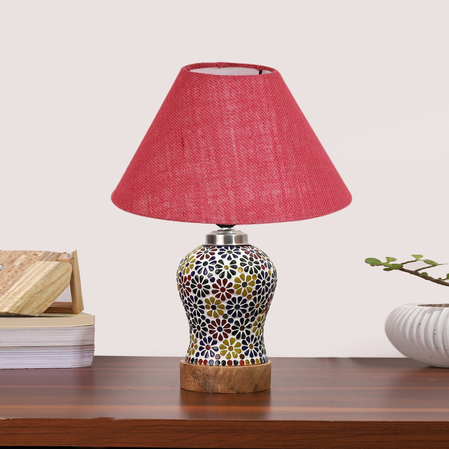 Devansh Conical Pink Jute Shade Lamp With Wood & Mosaic Glass Base For Decoration/Office/Home/Gifting/Study For Decoration/Office/Home/Gifting/Study -(10X10X14.5) Inches -A