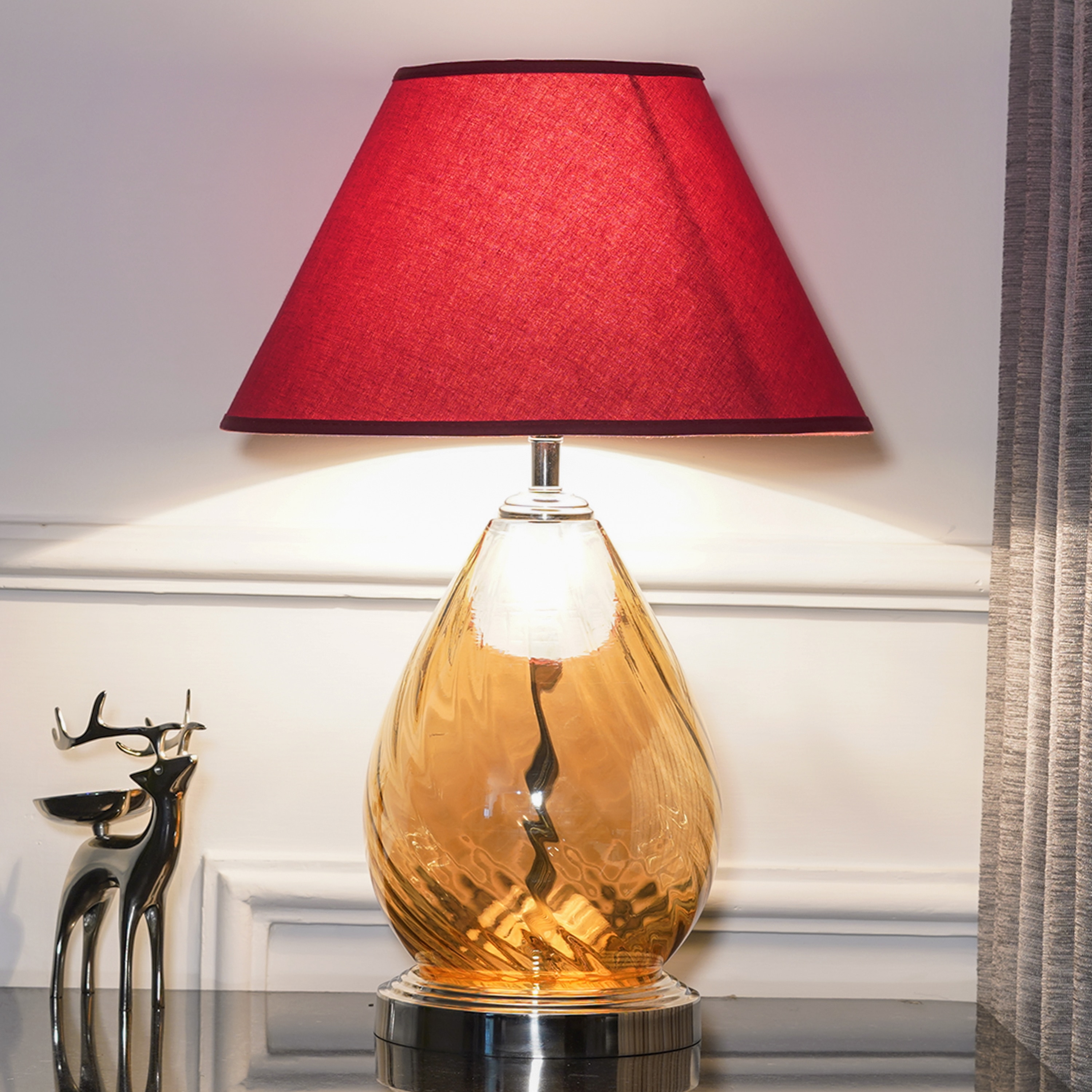 Decade Glass and Metal Table Lamp With Maroon Cotton Shade - Kapoor Lamp Shades