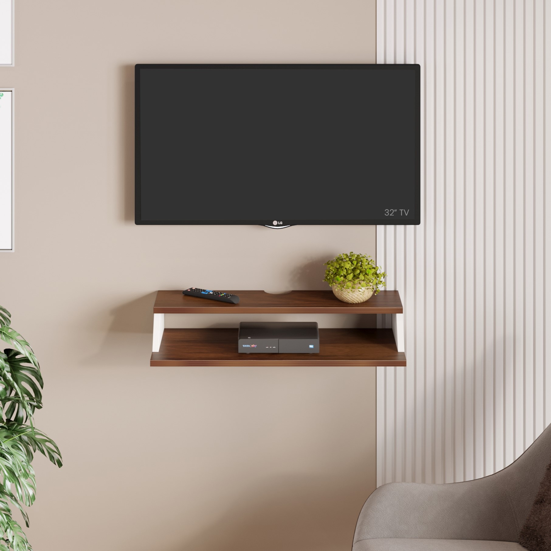 BLUEWUD Maisy Standard Engineering Wood Wall Mount TV Entertainment Unit Set Top Box Stand/TV Cabinet Panel with Shelves for Books & D�cor Display Unit Standard Upto 42 Inches (Brown Maple & White)