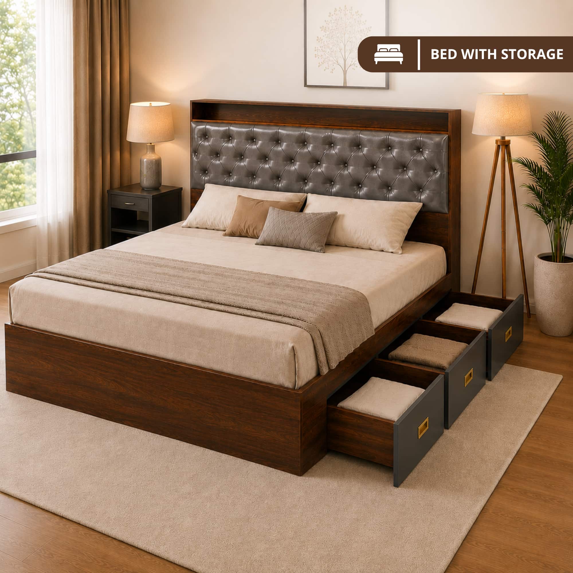 AIAN Cecil King Size Storage Bed with Drawers Walnut