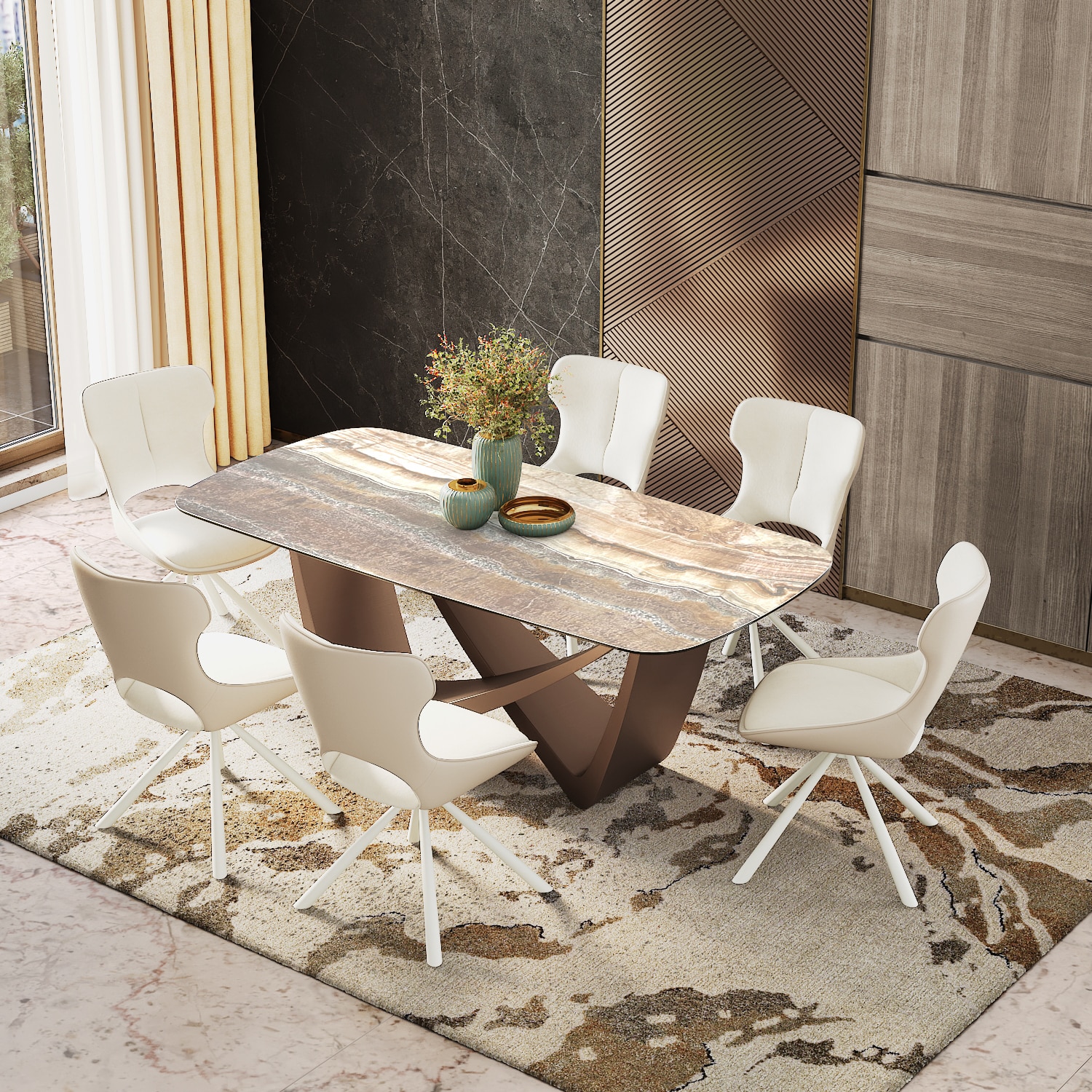 Paloma 6 Seater Jupiter Spanish Ceramic Dining Table With 6 Tulip Dining Chairs (Finish : Jupiter Spanish Ceramic, Chair Colour : Cream) - Urban Ladder