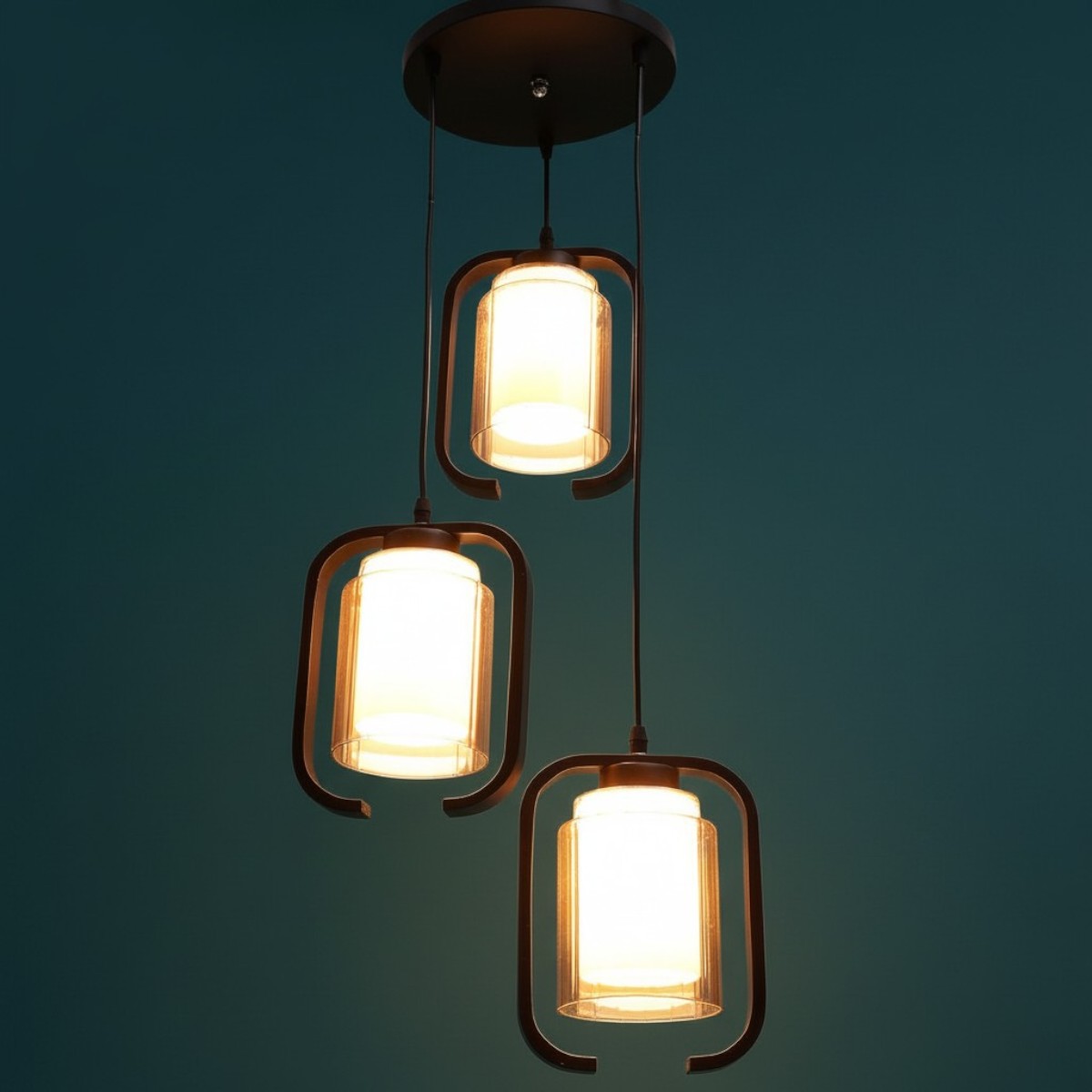 Eliante Hanging Lights, Champaign Glass Shade, Mild Steel And Wood, 3 Bulbs