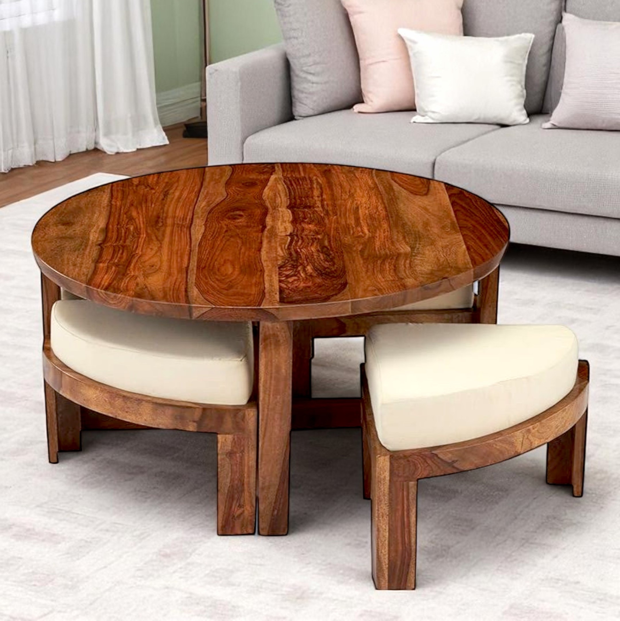 Nashville Sheesham Wood Accent Coffee Table Set With 4 Stools In Natural Teak Finish