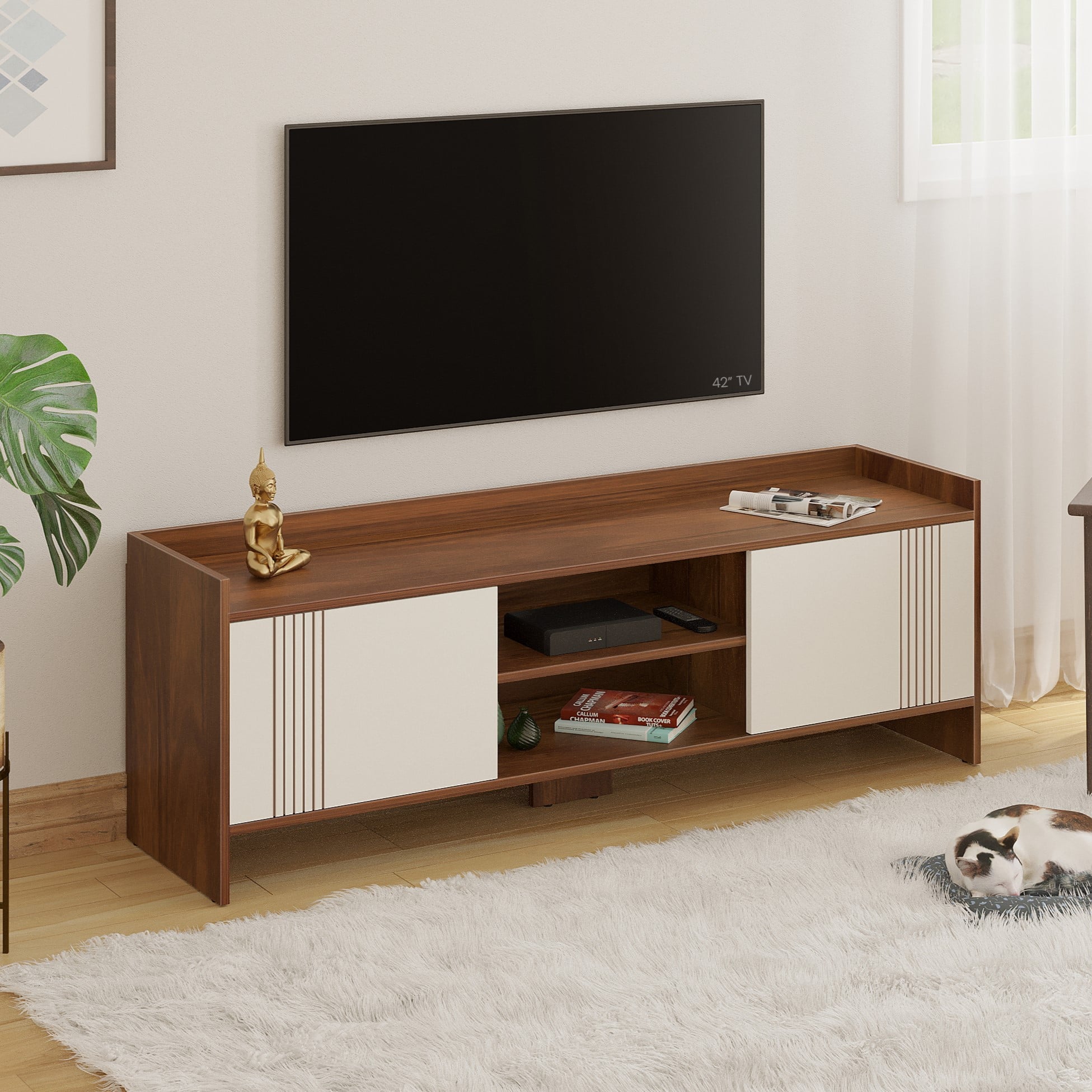 BLUEWUD Charley Engineering Wood Floor Standing TV Entertainment Unit Set Top Box Stand/TV Cabinet Panel with Shelves for Books & D�cor Display Unit Bed Living Room Upto 50" (Brown Maple & White)