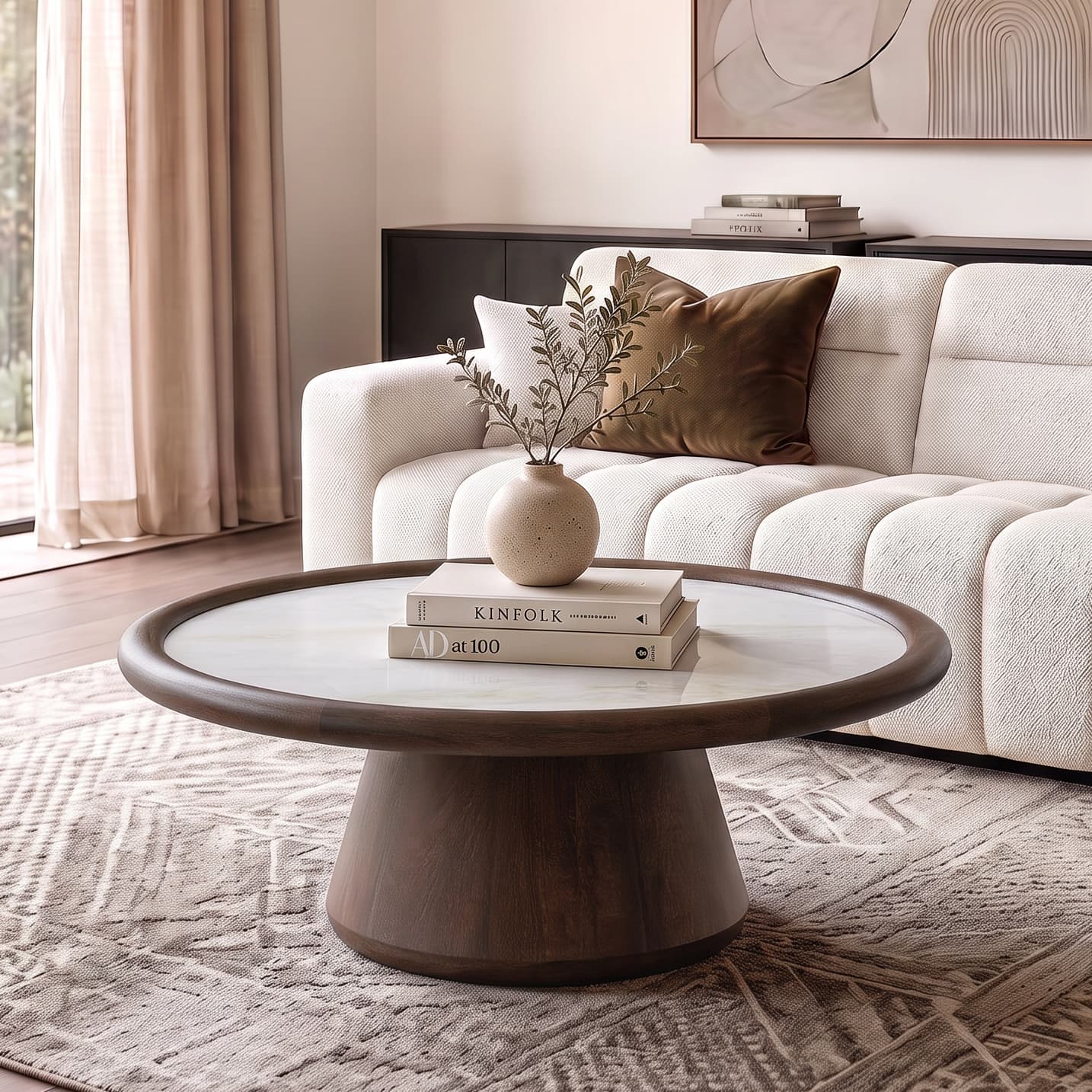 Lazo Solid Wood And Aravali Marble Circular Coffee Table In Dark Chestnut Finish - Urban Ladder