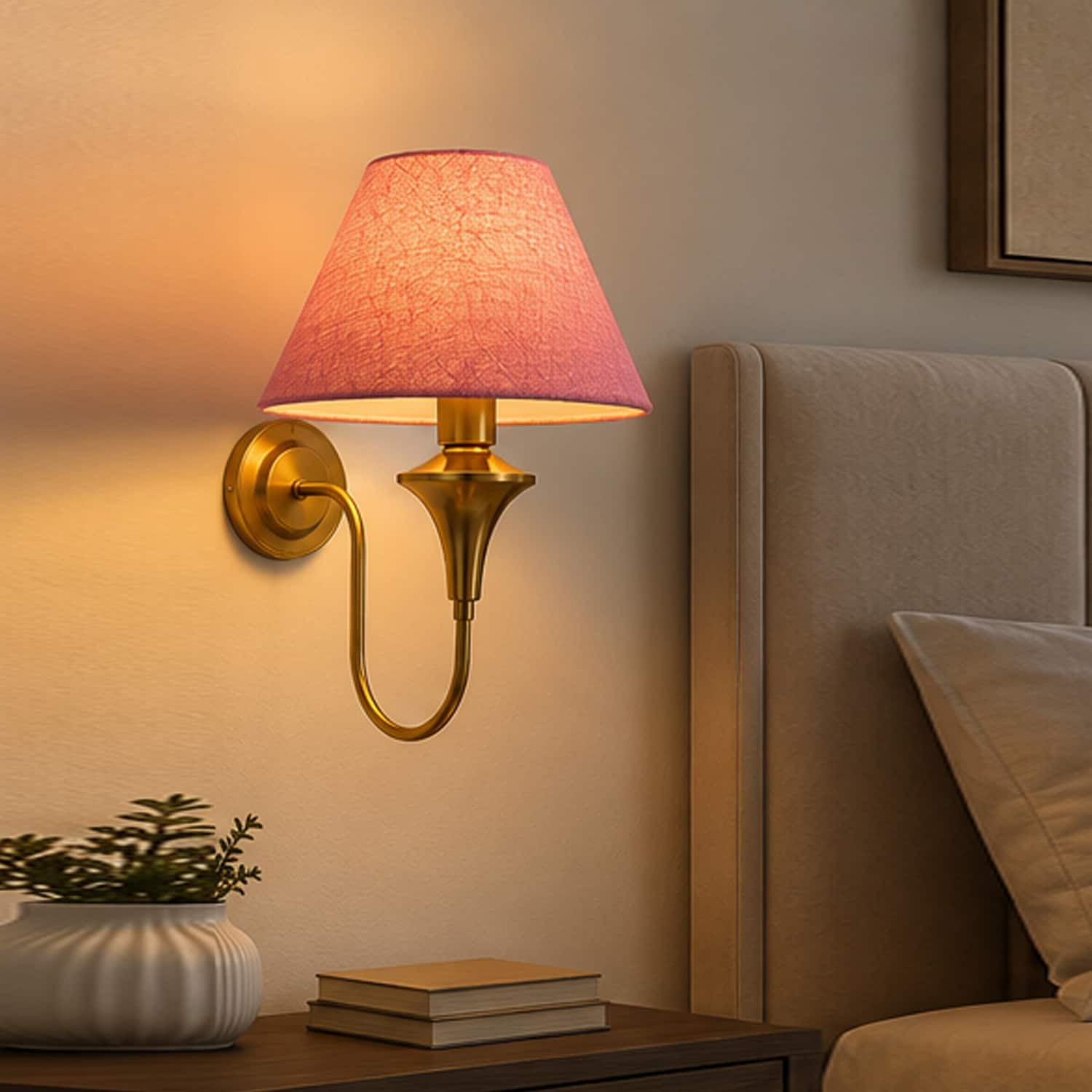 Devansh Metal Electric Wall Light in Antique Gold Colour with Pink Shade Count of 2 Lights