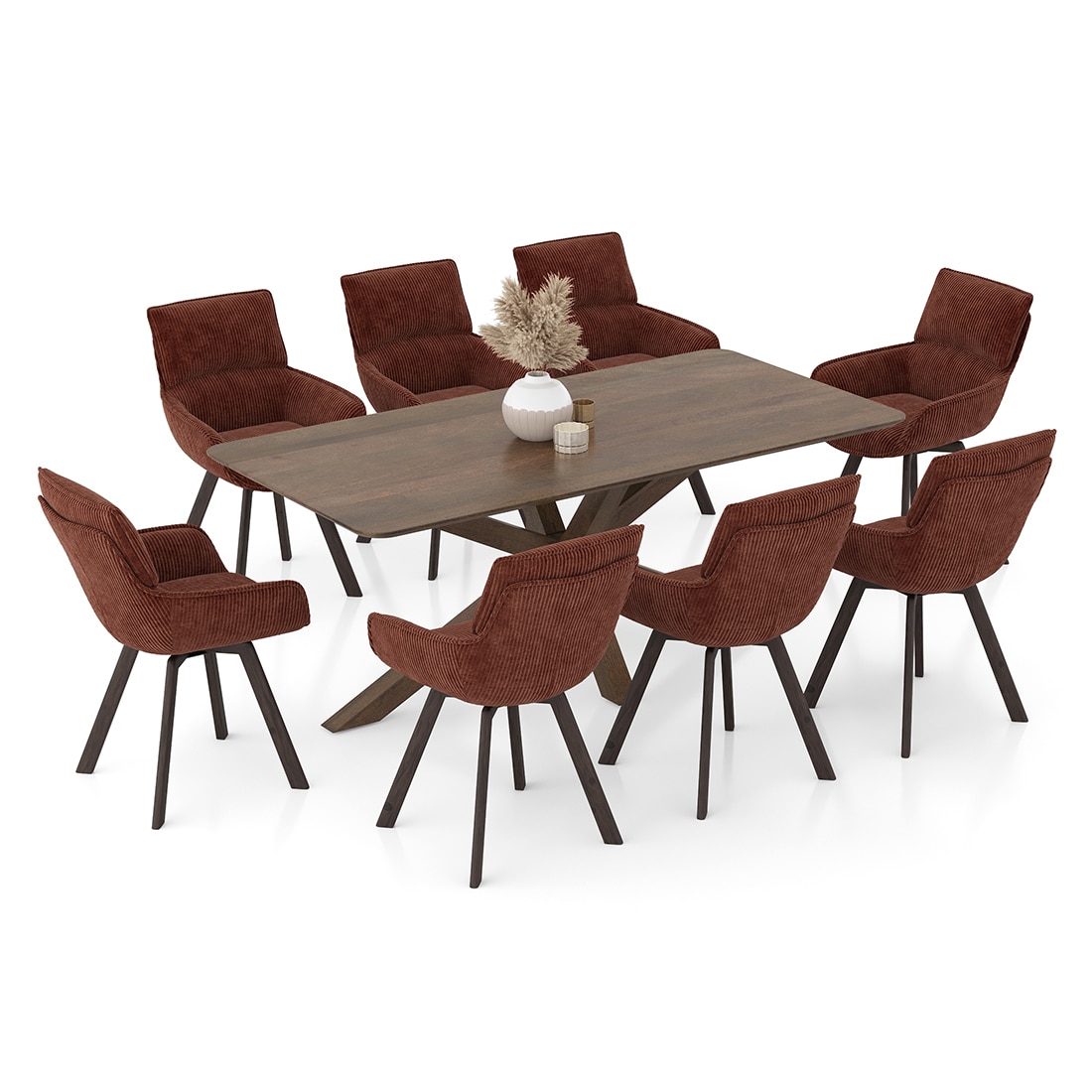 Anderson Solid Wood 8-Seater Dining Table With 8 Bren Swivel Dining Chairs (Finish : Danish Walnut, Chair Colour : Auburn)