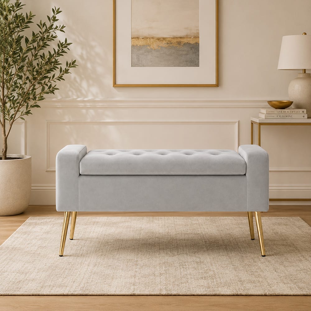Doe Buck Upholstered Storage Bench in Grey Colour with Gold Legs - Doe Buck