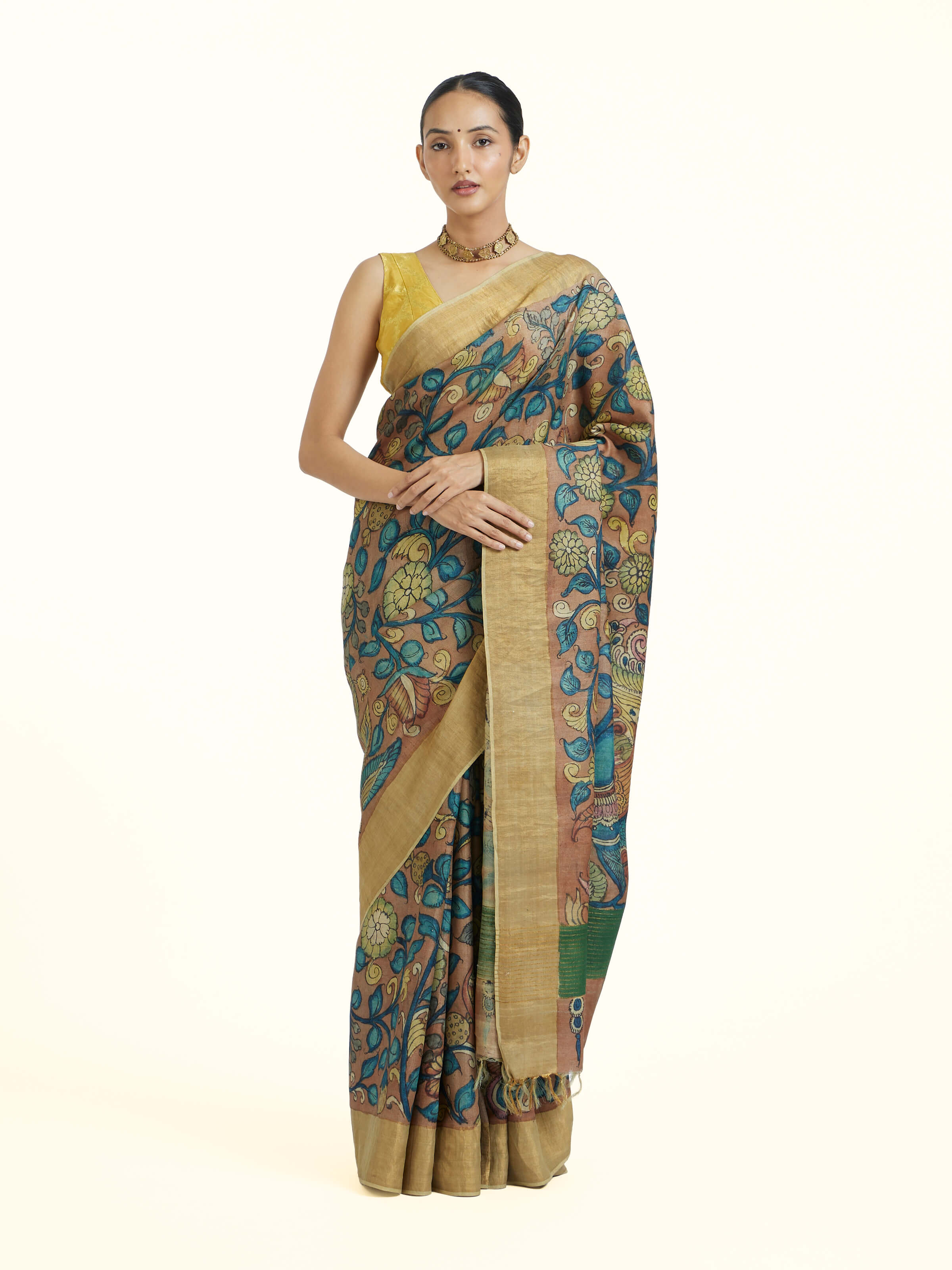 Beige Kalamkari Tussar Silk Saree