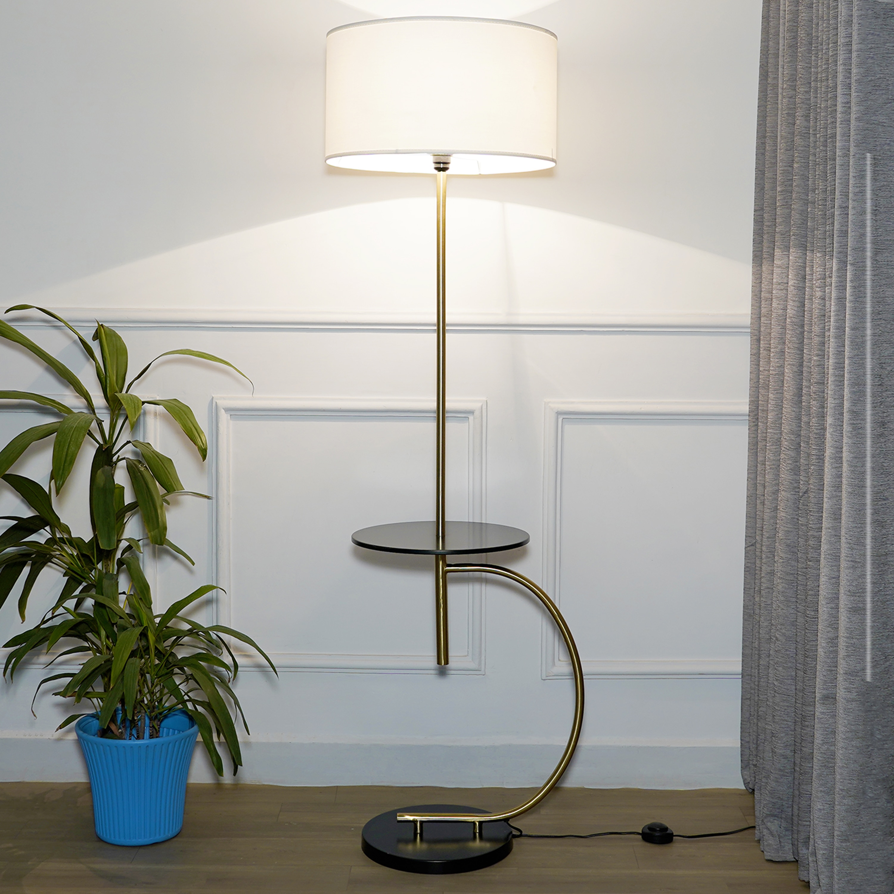 Jigger Metal Multiutility Shelf Floor Lamp With White Cotton Shade