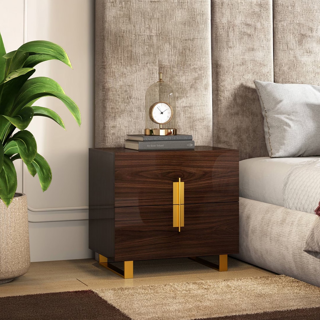 Aurelia Bedside Table in High Gloss Walnut Finish