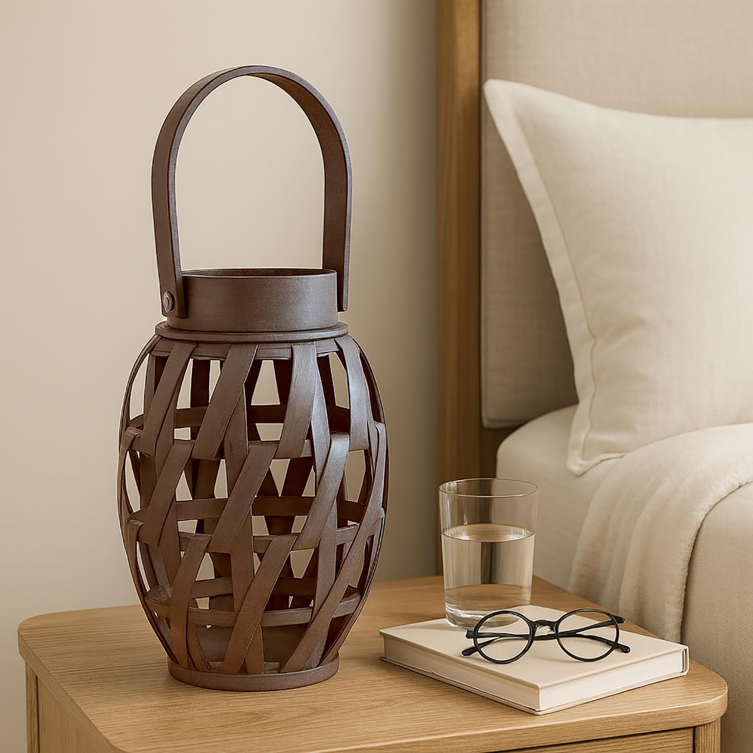 Luxe Home Hanging Bamboo Lantern with Handle or Glass Jar - 2025-142- Brown (24x16x16 cm)