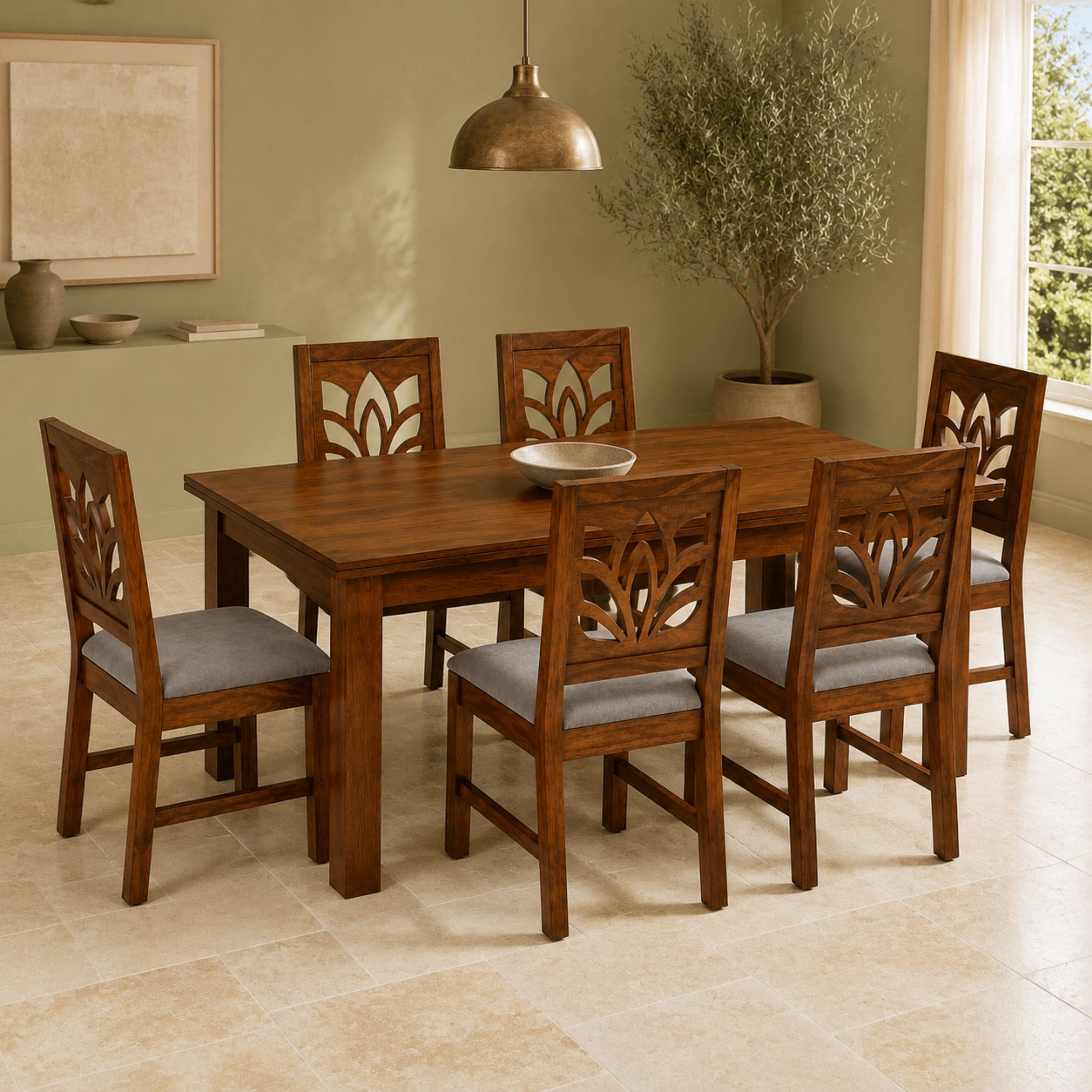 Globally Indian Vedansh Solid Sheesham Wood 6 Seater Dining Table Set 6 Chairs Grey