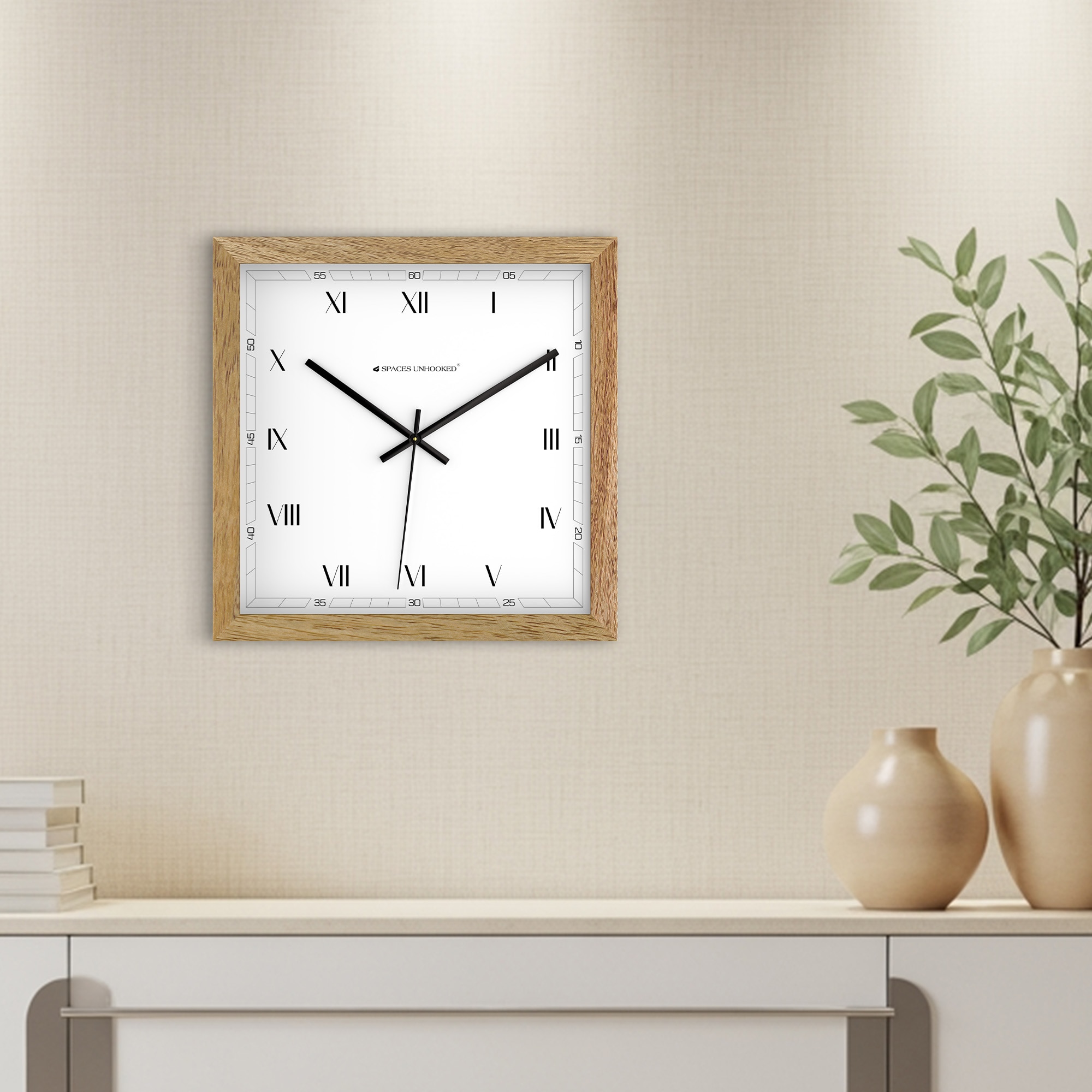 Square Wooden Wall Clock with Roman Numerals and Detailed Minute Track