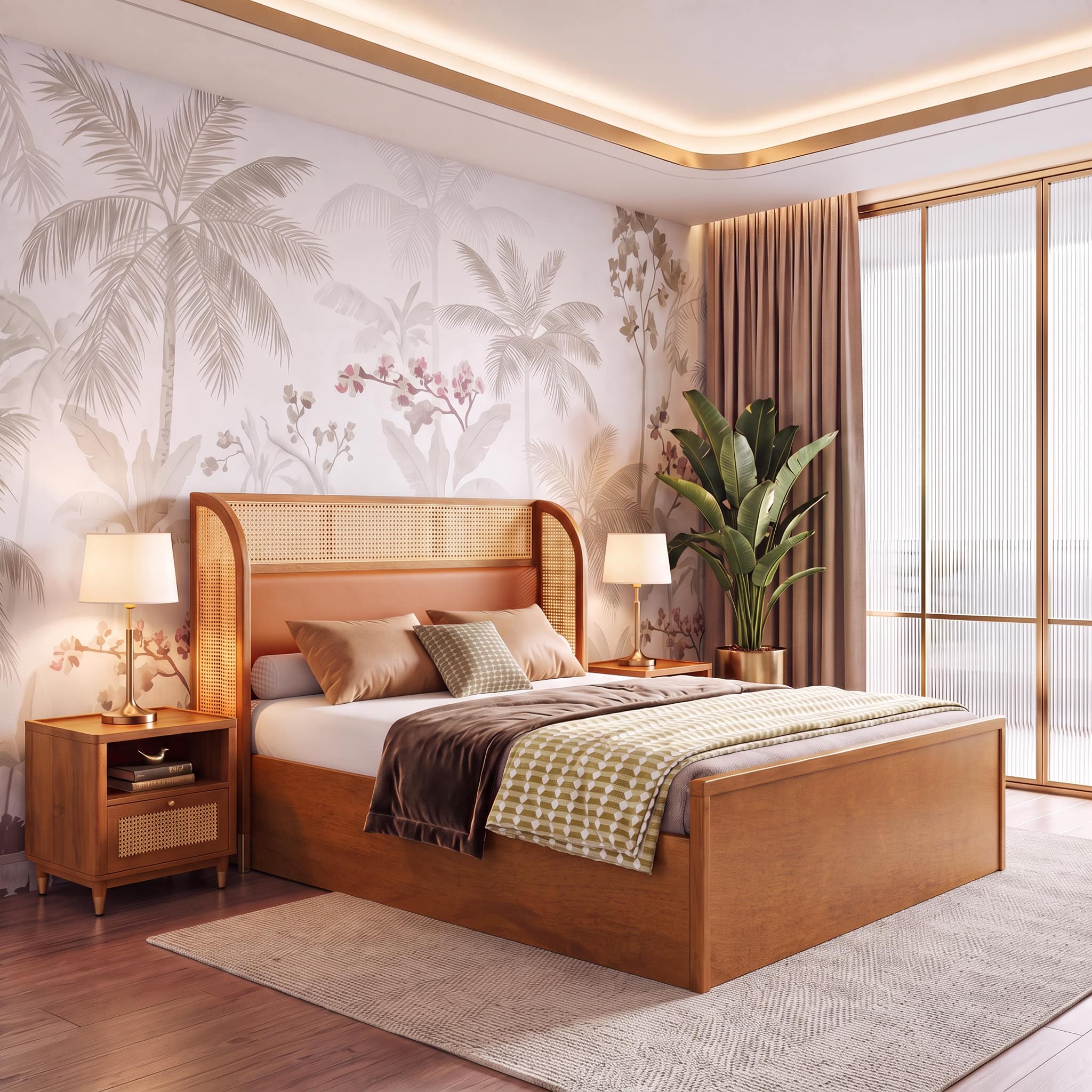 Fiji Wingback Cane and Solid Wood King Size Hydraulic-Storage Bed in Nappa tan Leatherette