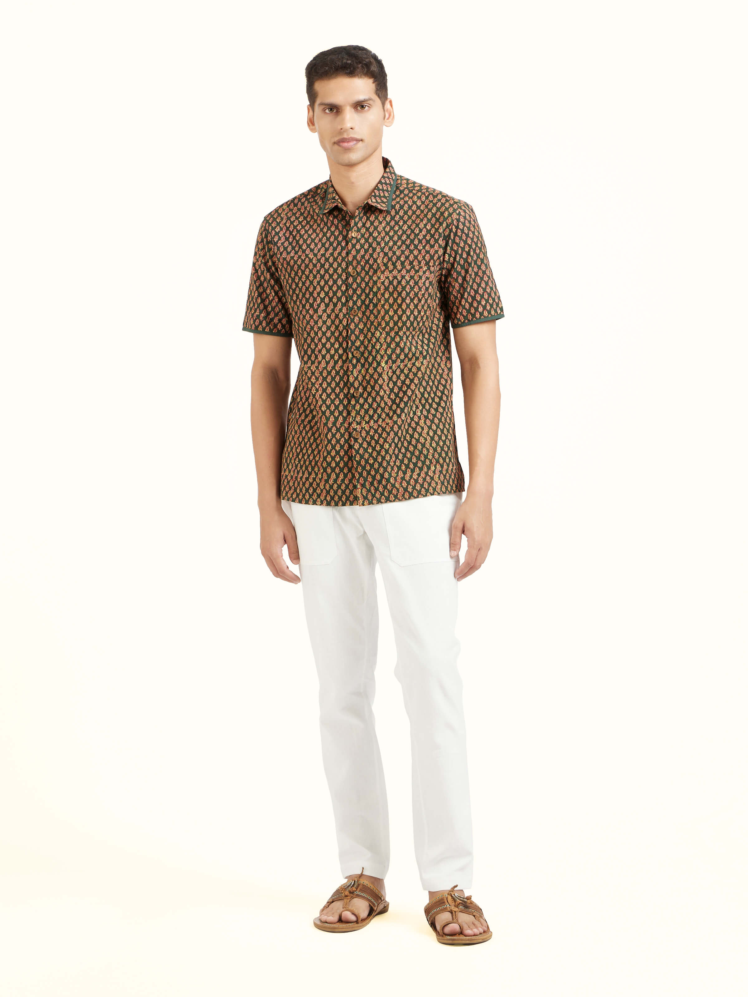 Front view of teal fadad hand block print pure cotton shirt showcasing handcrafted prints