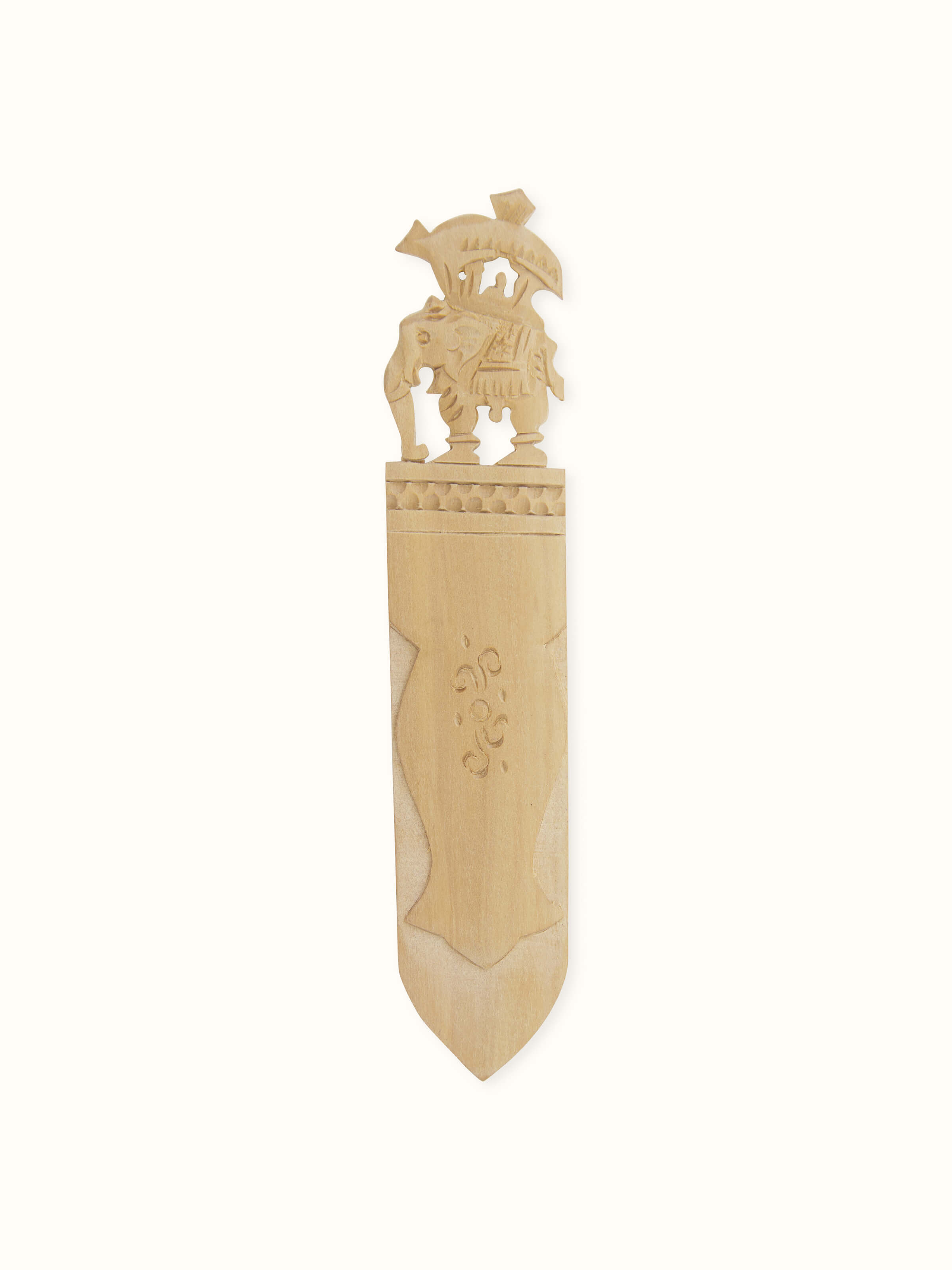 Front view of Carved Sandalwood Elephant Bookmark by Swadesh showcasing the detailed elephant carving and smooth sandalwood finish.