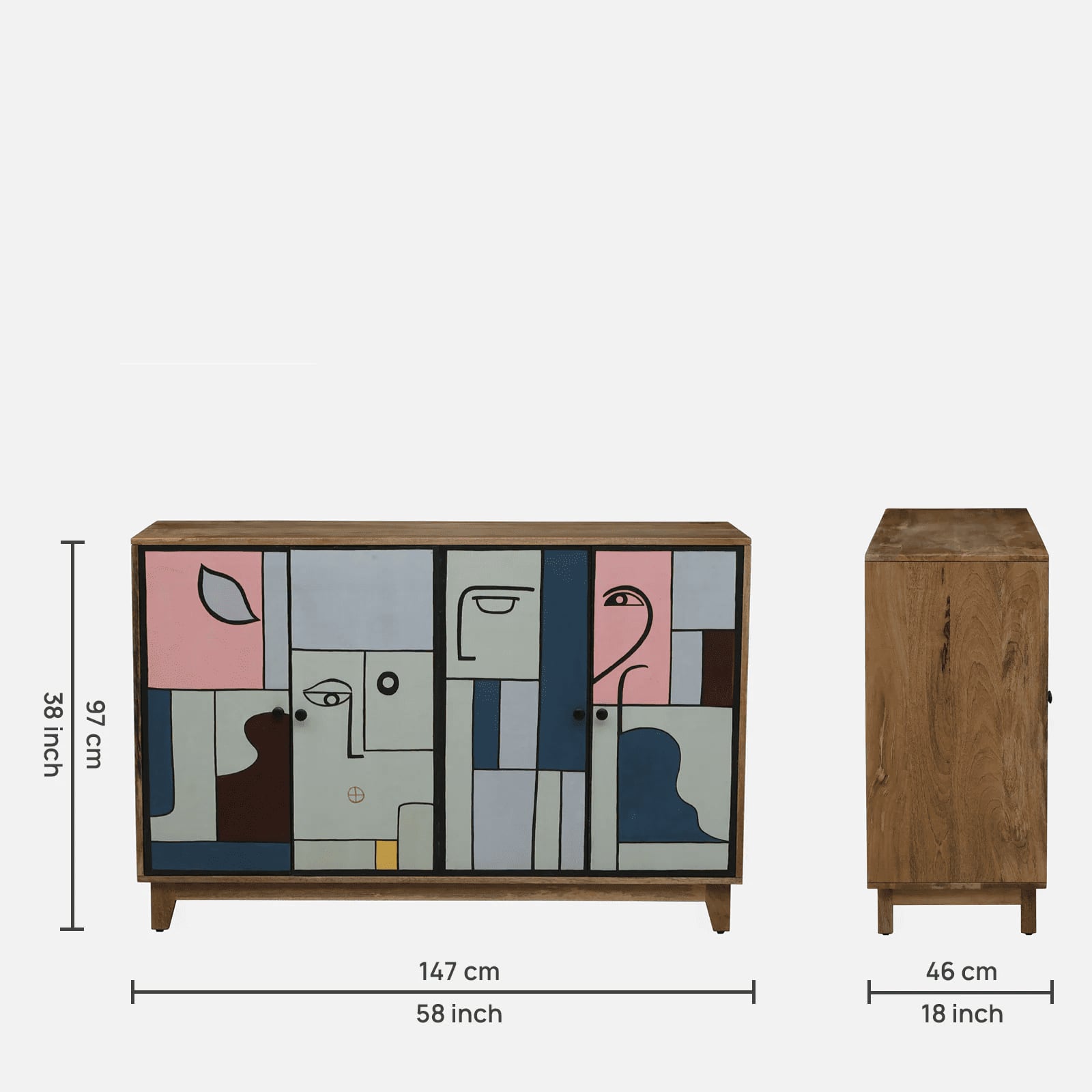 Tulisa Mango Wood Hand Painted Multicolor 4 Door Cabinet In Natural Finish