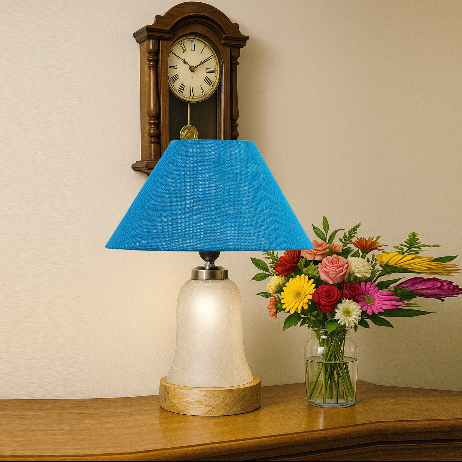 Devansh Conical Turquoise Jute Shade Lamp With Wood & Mosaic Glass Base For Decoration/Office/Home/Gifting/Study For Decoration/Office/Home/Gifting/Study -(10X10X14.5) Inches -A - Devansh