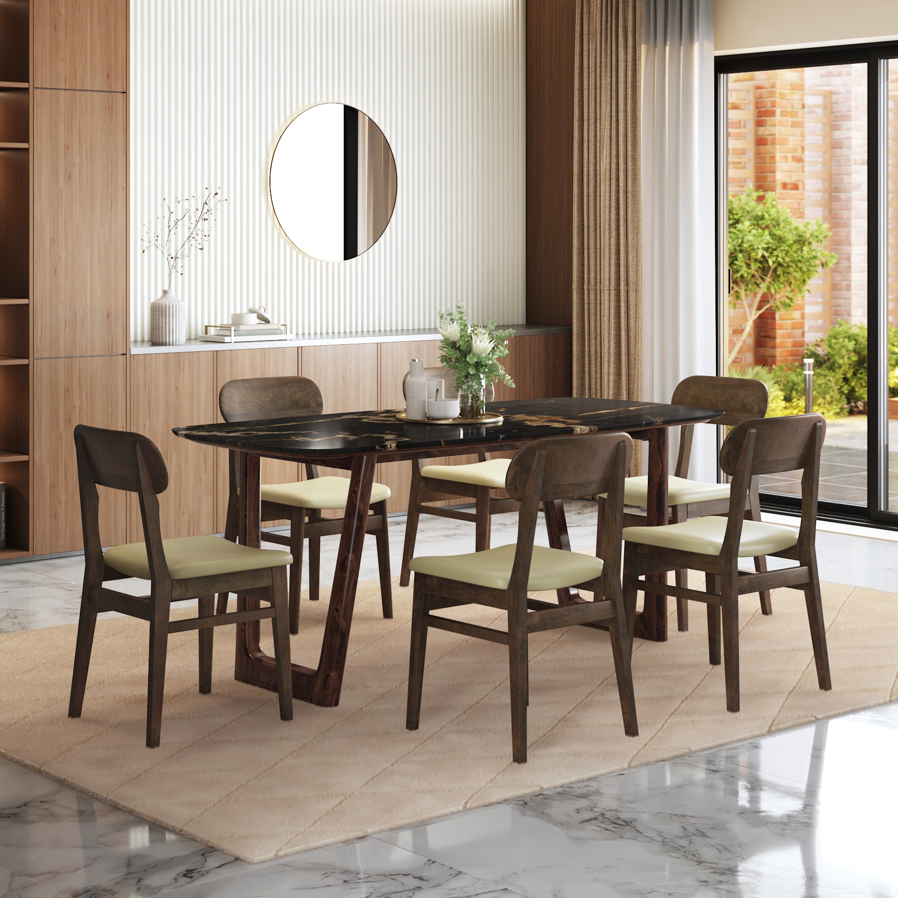 Adria Copa Cabana Black Stone 6 Seater Dinning Table With 6  Lunar Dining Chairs (Finish : Copa Cabana, Chair Colour : Ancient Ivory Cream)
