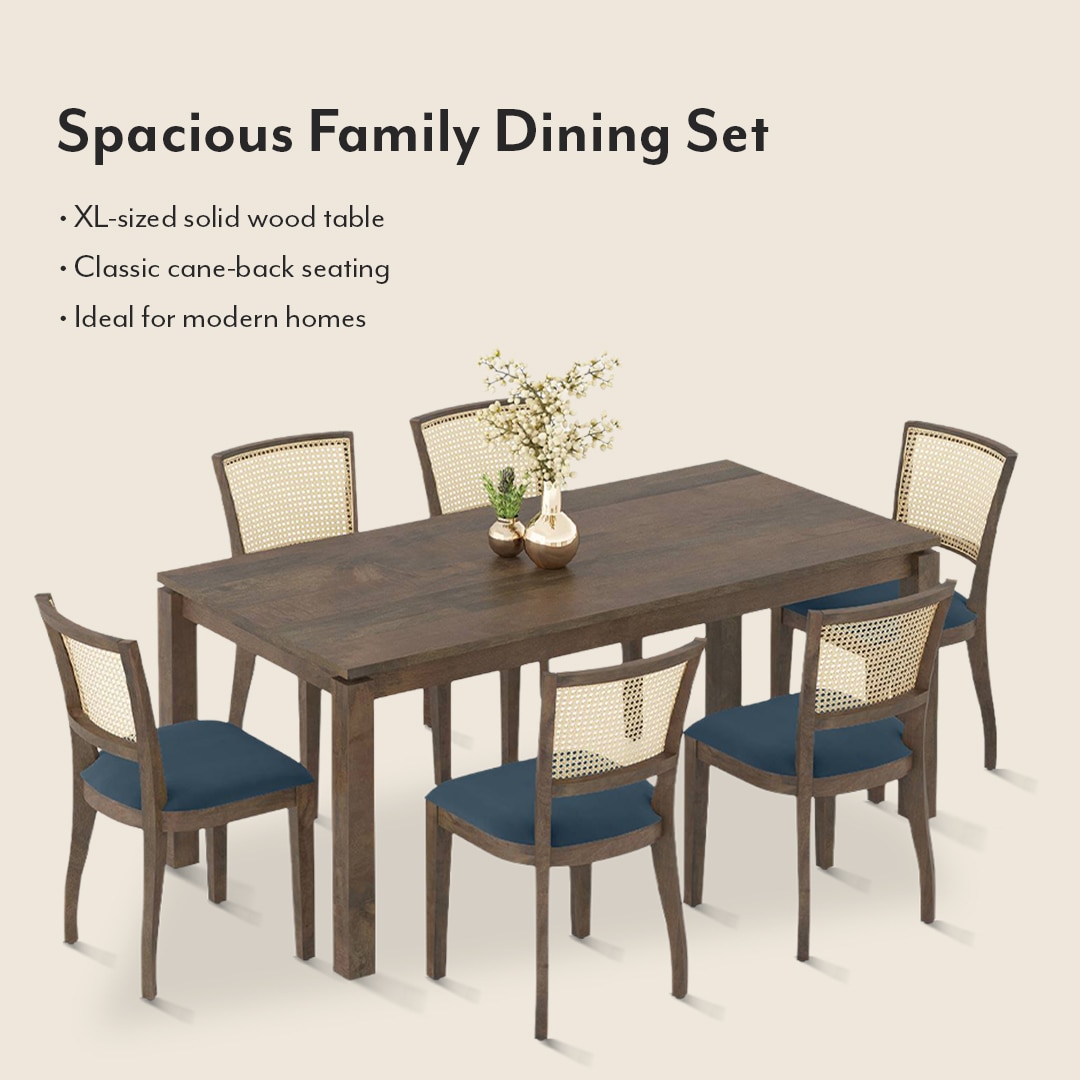 Atlas Solid Wood 6 Seater Dining Table With Reed Dining Chairs Set