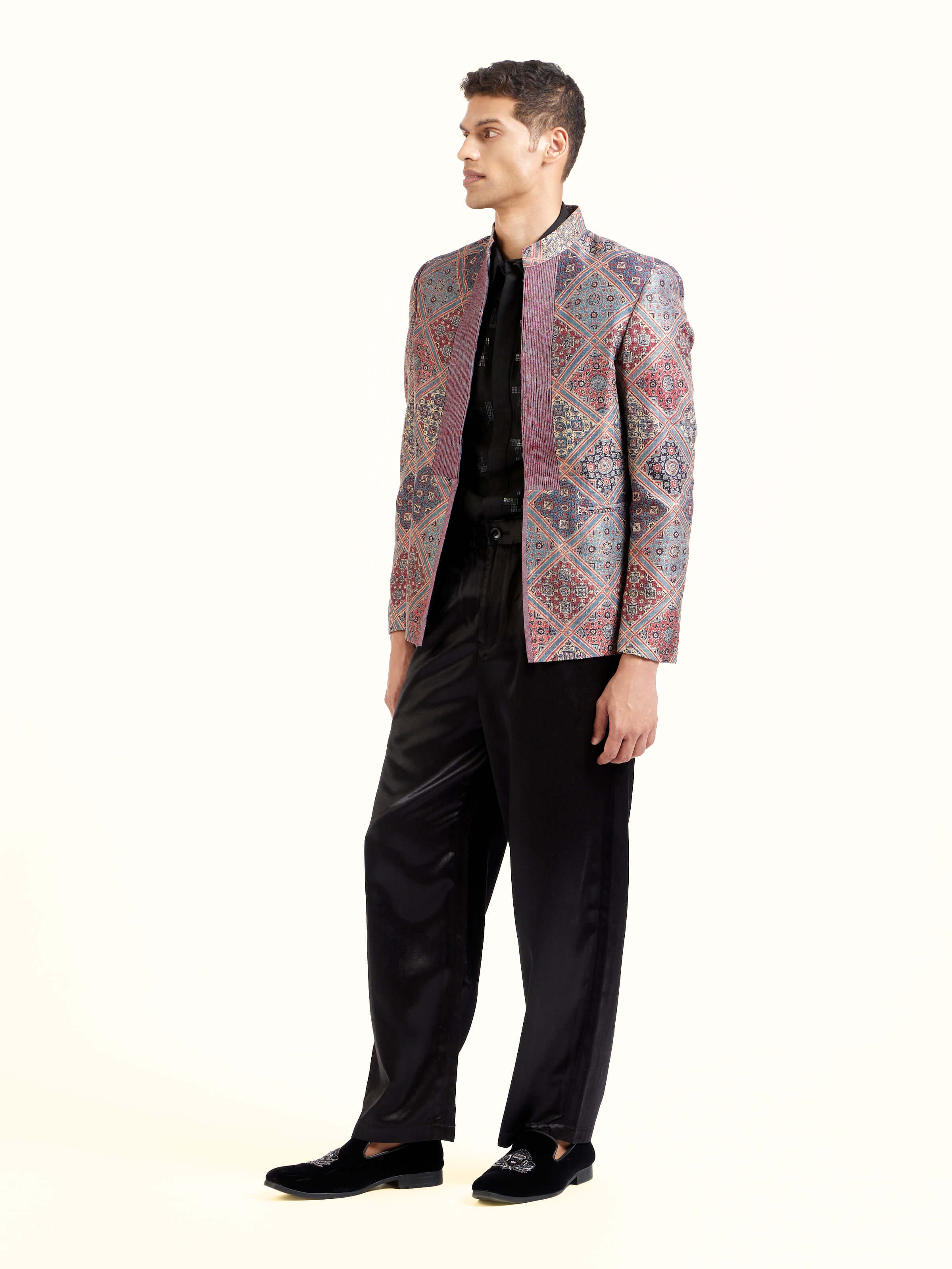 Side view of indigo silk ajrakh block printed jacket with structured fit