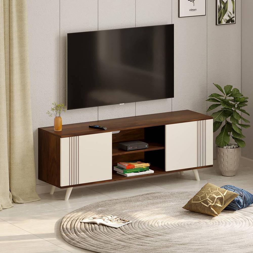 Harmond Engineering Wood Floor StandingTV Entertainment Unit Set Top Box Stand/TV Cabinet with Shelves for Books & Décor Display Unit Bed Living Room Upto 55 Inches (Brown Maple & White)