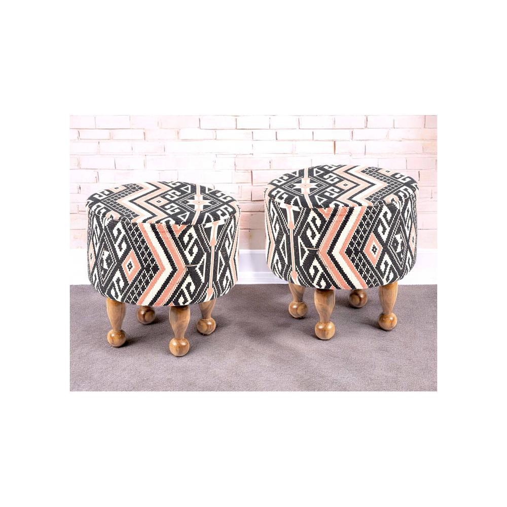 Louisville Acacia Wood Parisian Round Set of 2 Pouf Stools in Multi-colour Jacquard