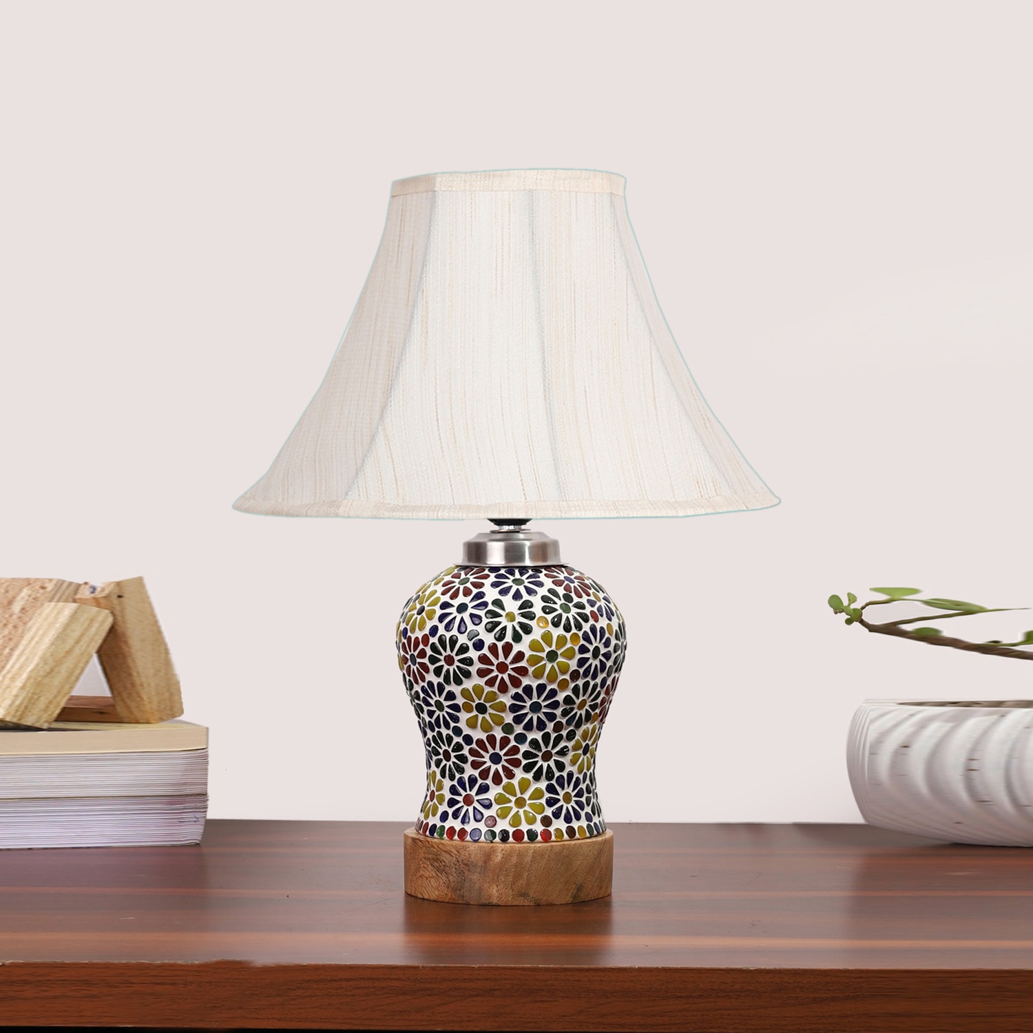 Devansh Off-White Cotton Shade Lamp With Wood & Mosaic Glass Base For Decoration/Office/Home/Gifting/Study For Decoration/Office/Home/Gifting/Study - Devansh