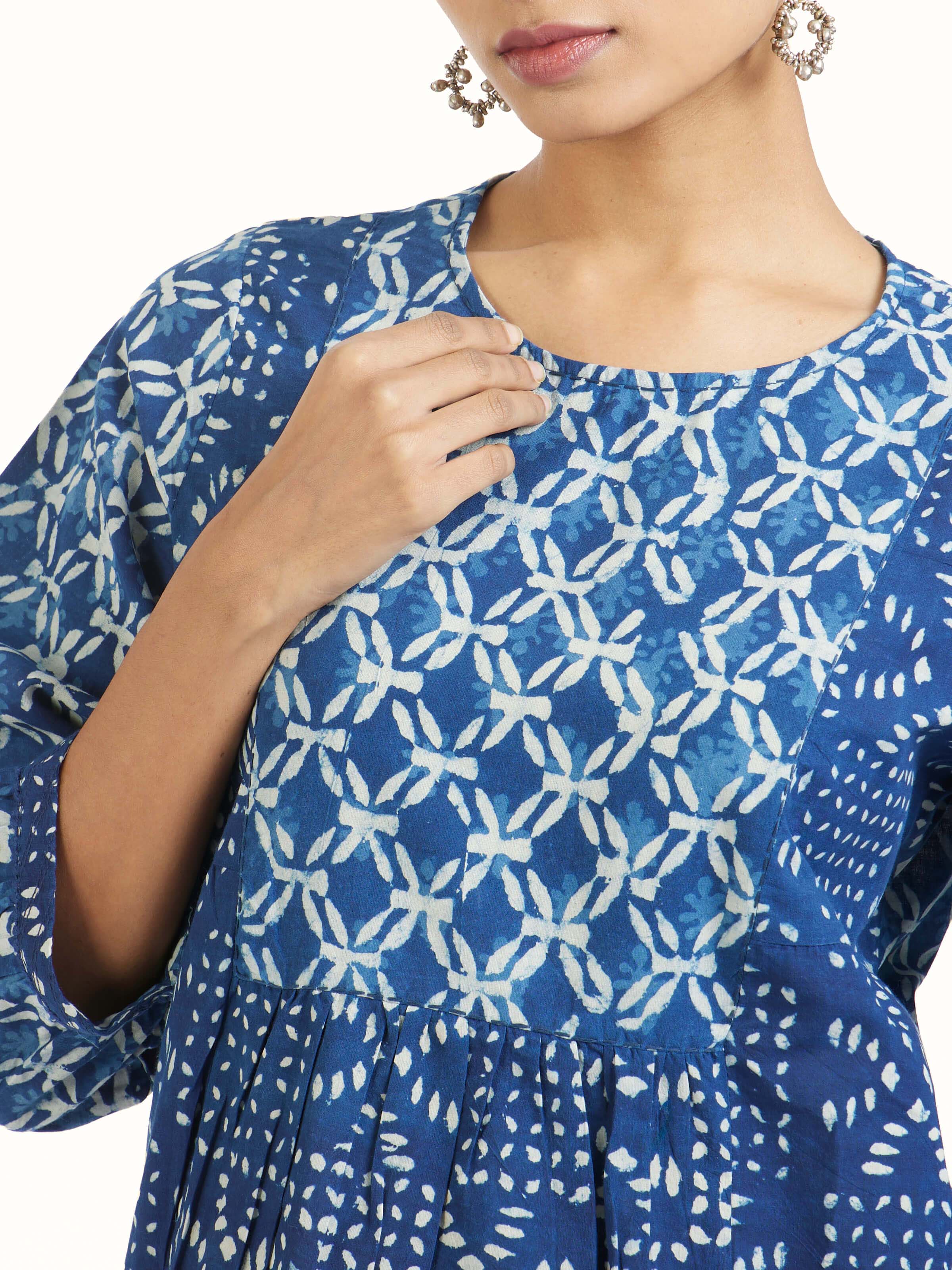 Detail view of Sugandhika cotton dabu block printed top showing fabric texture and print detail