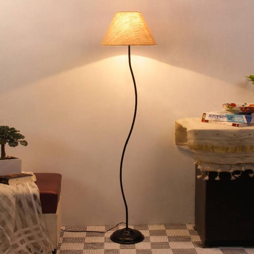 Ruby Beige Natural Fiber Floor Lamp with Black Iron Base
