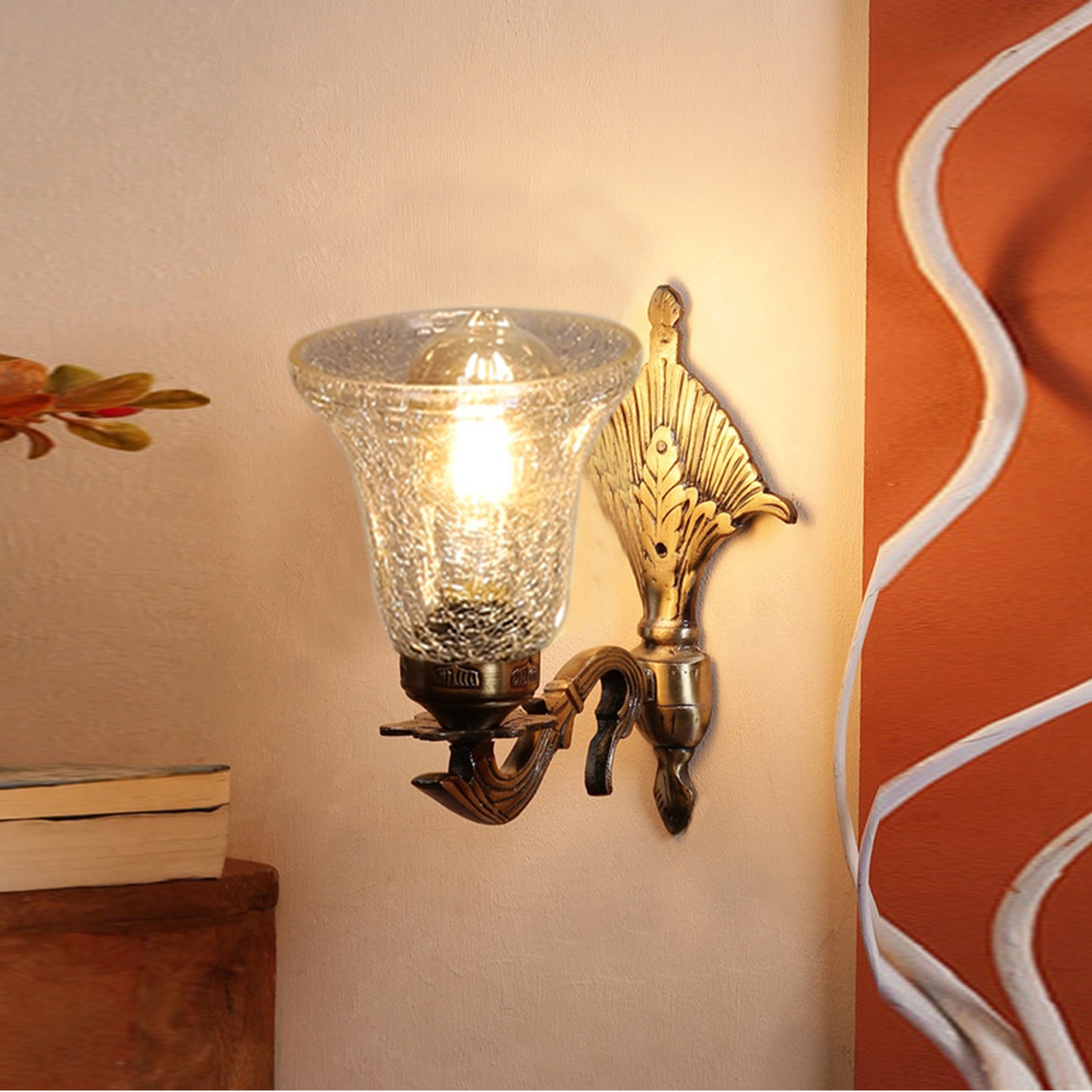 Devansh Metal Electric Wall Light in Antique gold Colour with Transparent Shade Count of 1 Light - Devansh