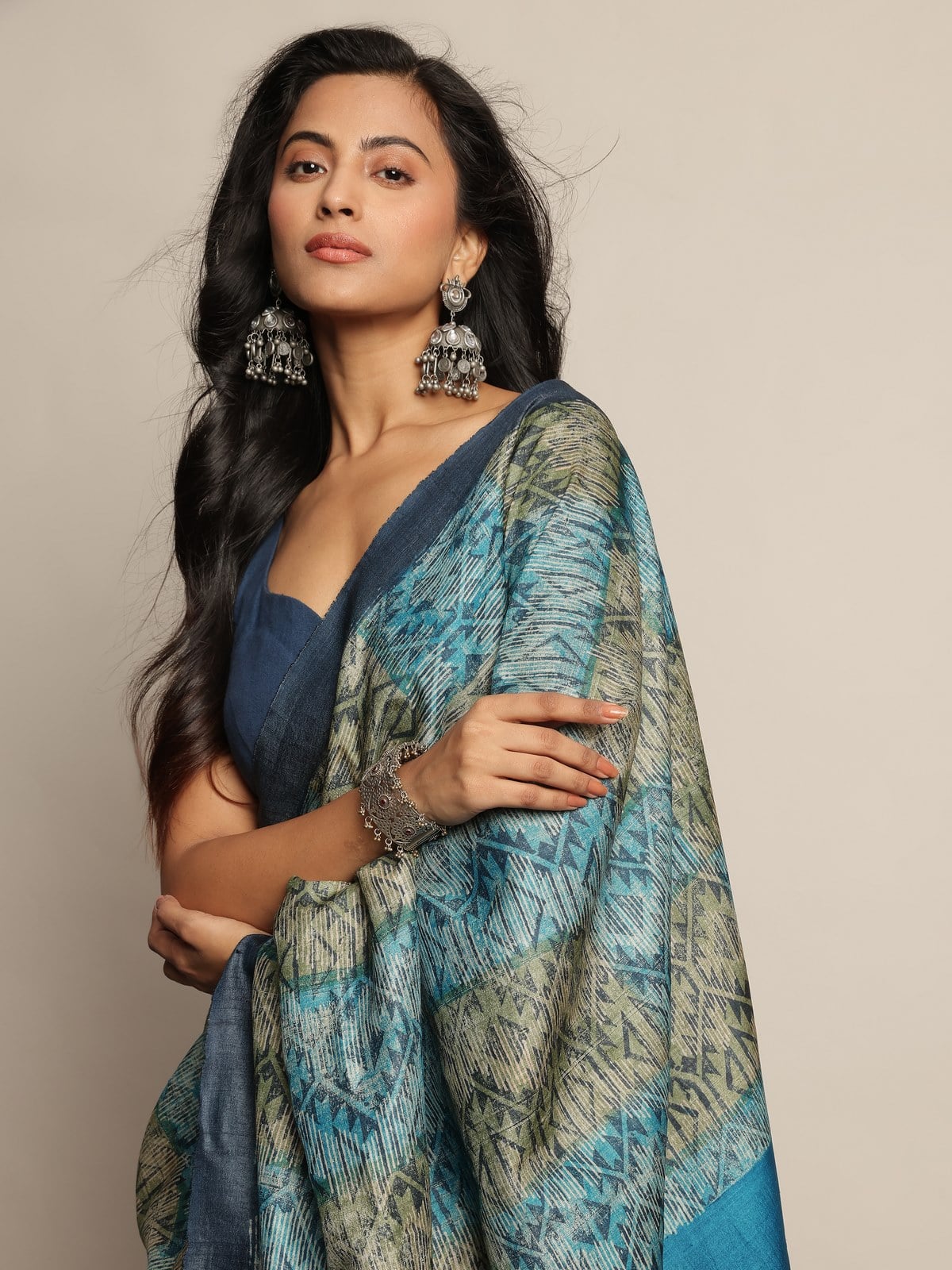 Indigo Tussar Silk Discharge Printed Saree