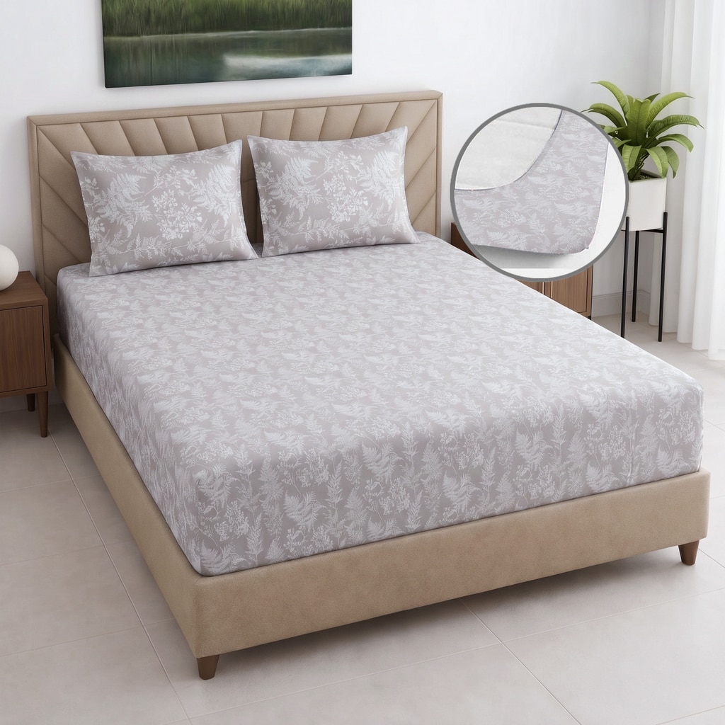 Creamy Beige floral Cotton  400 Tc Fitted  Super King Size Bedsheet With 2 Pillow Covers - Threads