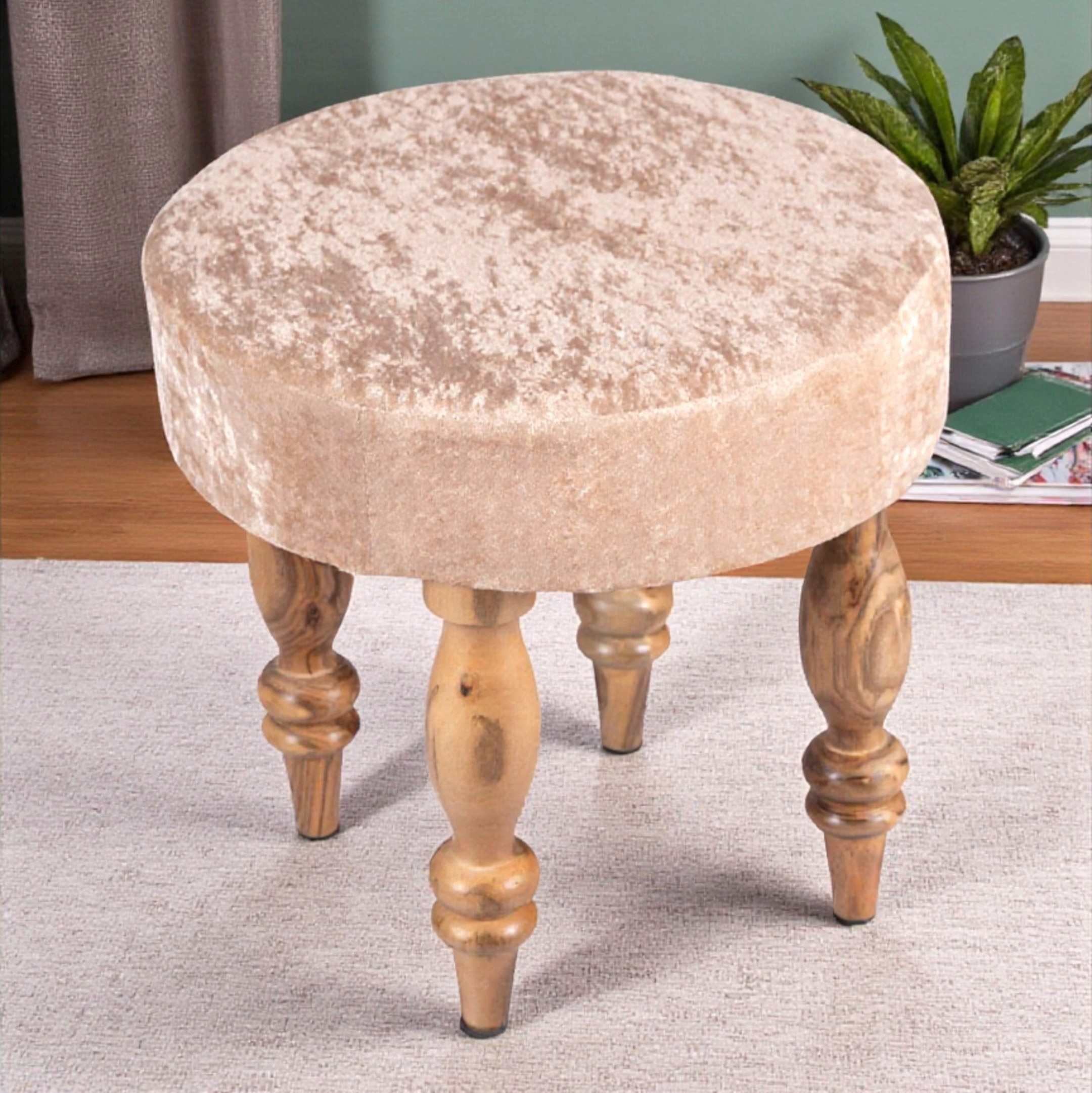 Roswell Sheesham Wood   Round Stool in Beige Sparkle Velvet Upholstery