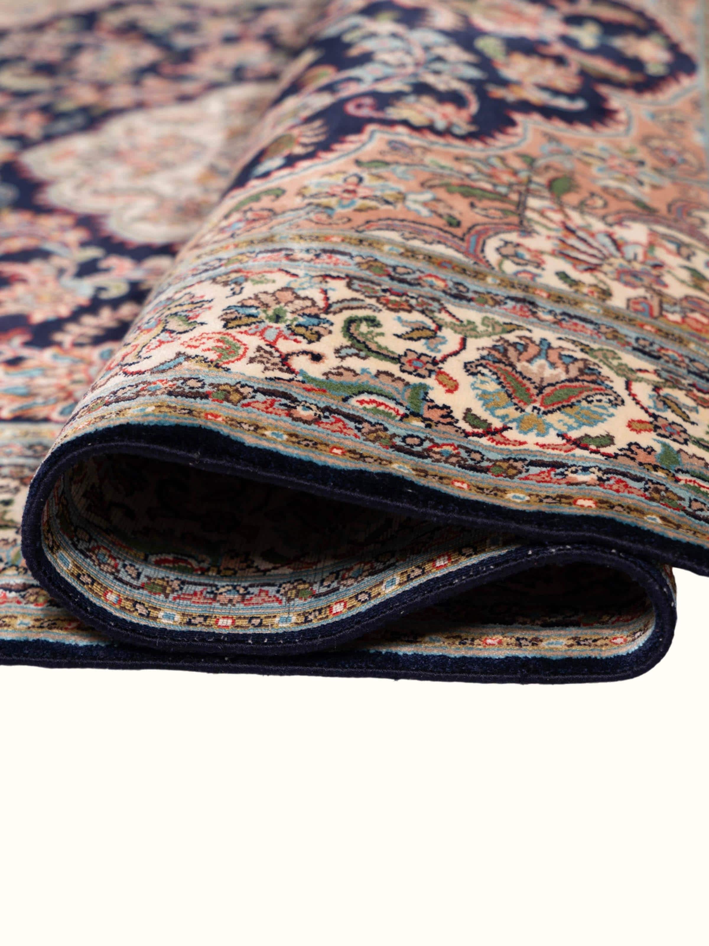 Traditional Persian Navy Blue Kashan Kashmir Silk Hand-Knotted Carpet