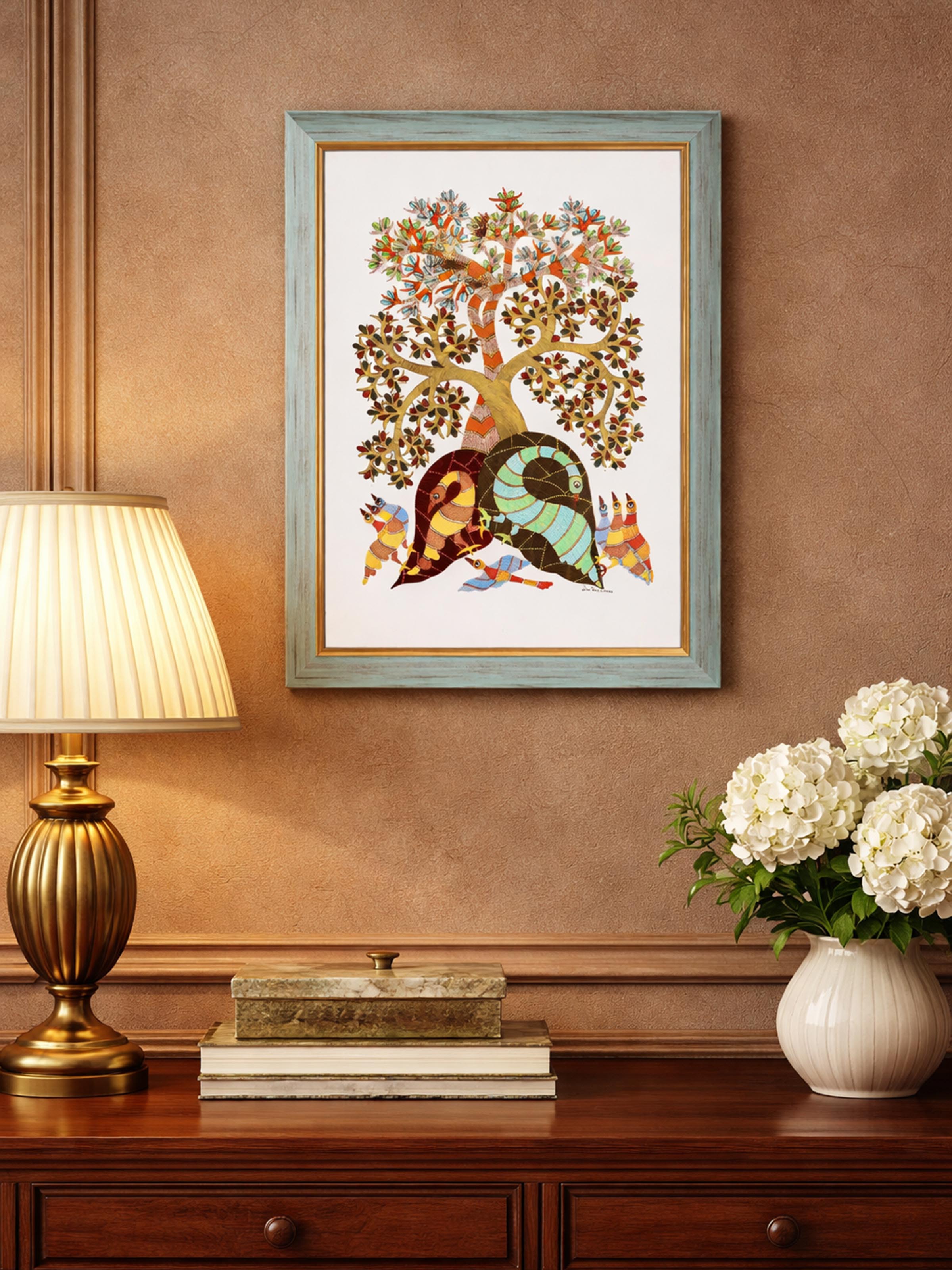Peafowls Under Tree Gond Painting