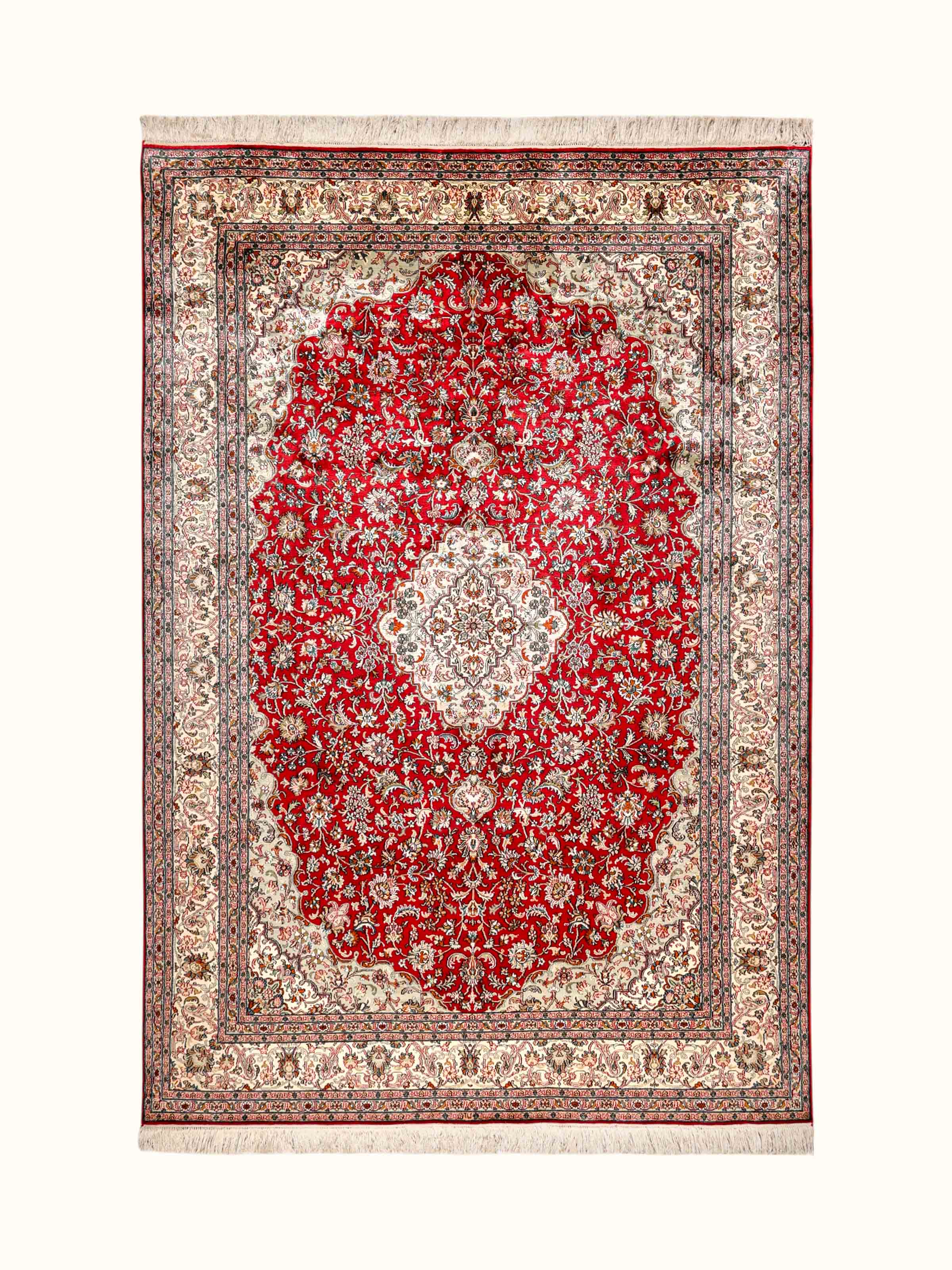 Traditional Persian Red Ivory Kashan Kashmir Silk Hand-Knotted Carpet