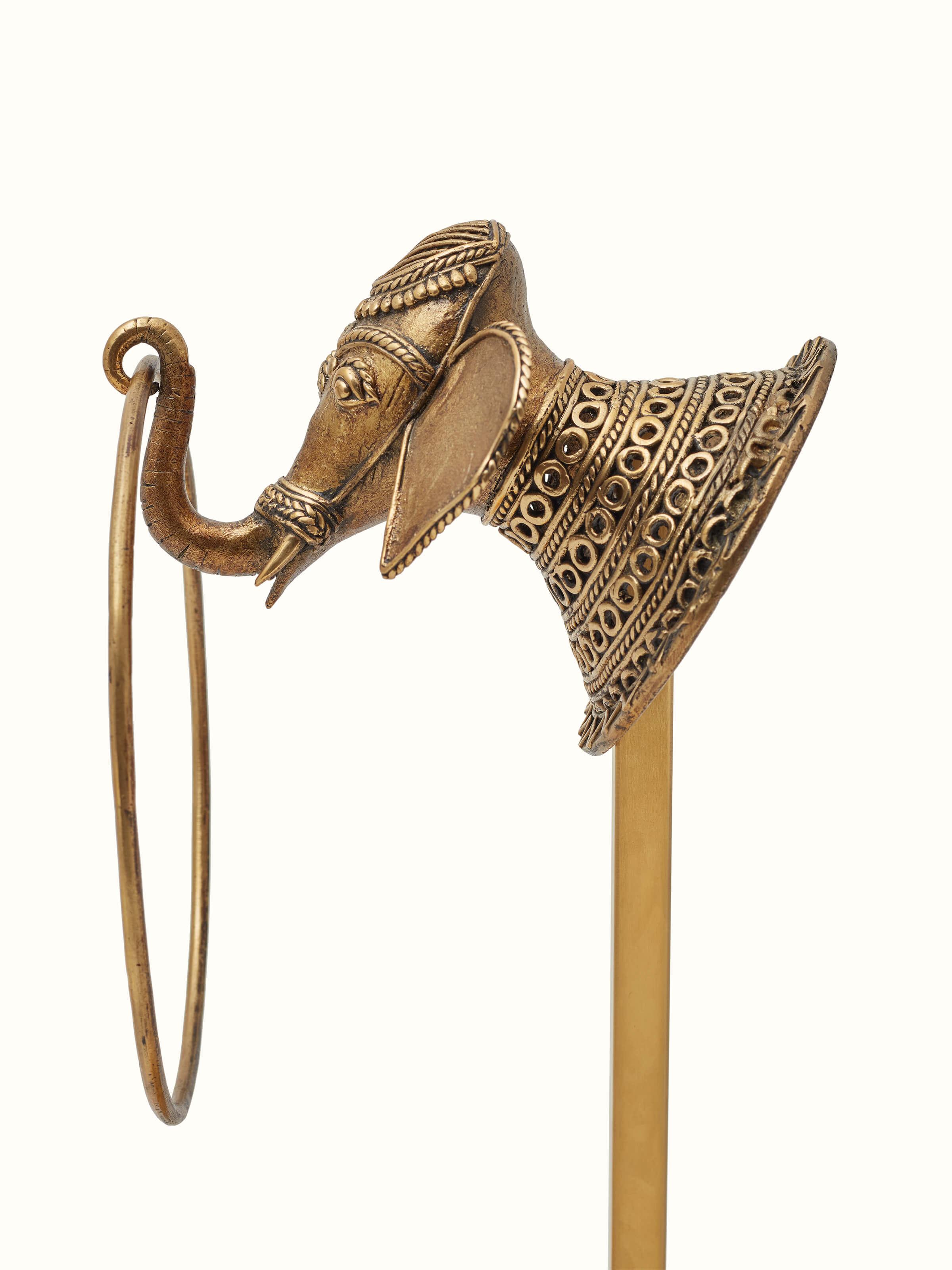 Close-up of Dhokra Brass Elephant Towel Ring focusing on the detailed craftsmanship of the elephant motif