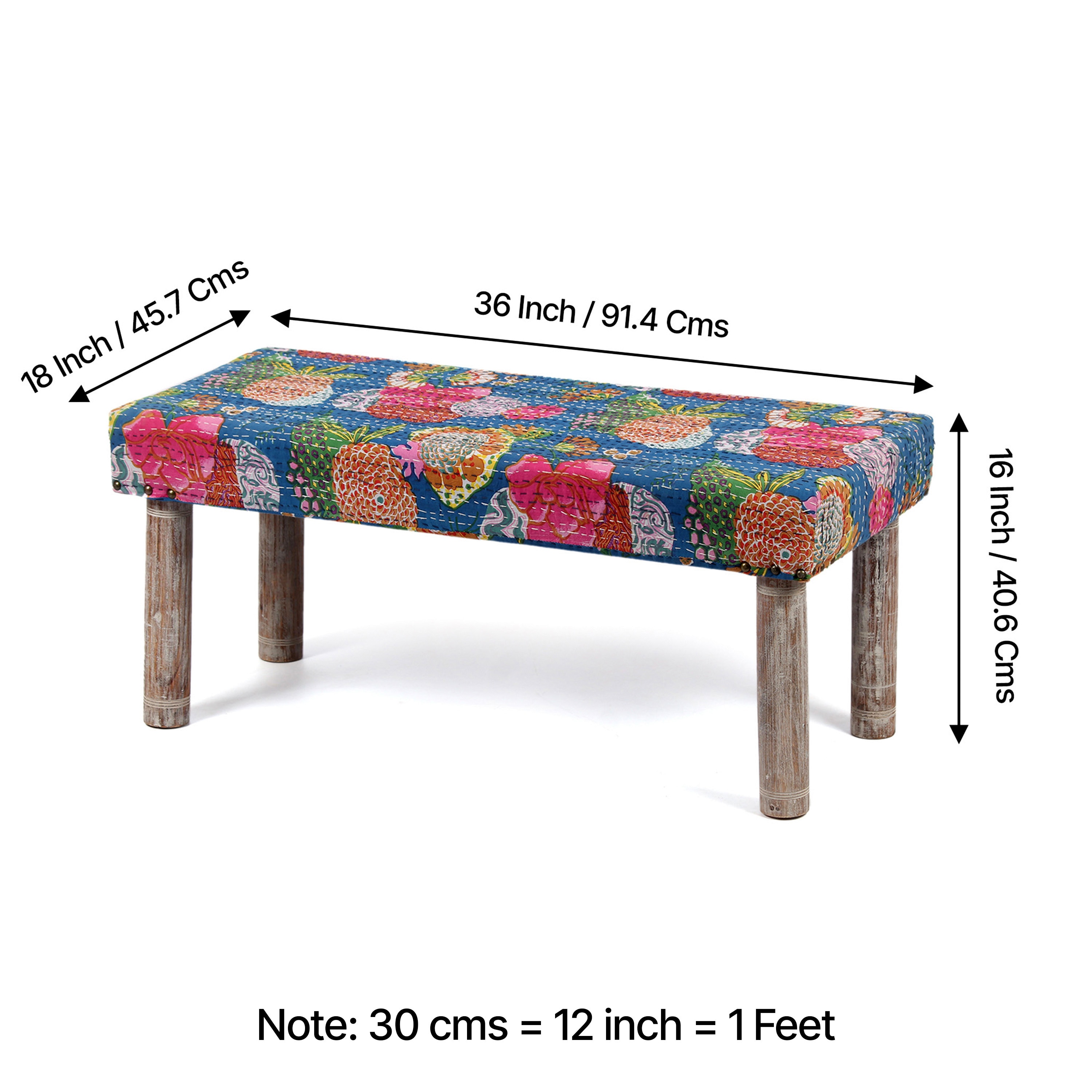 Camilla Solid Wood 2 Seater Bench In Fruit Print Blue Ethnic Kantha Fabric