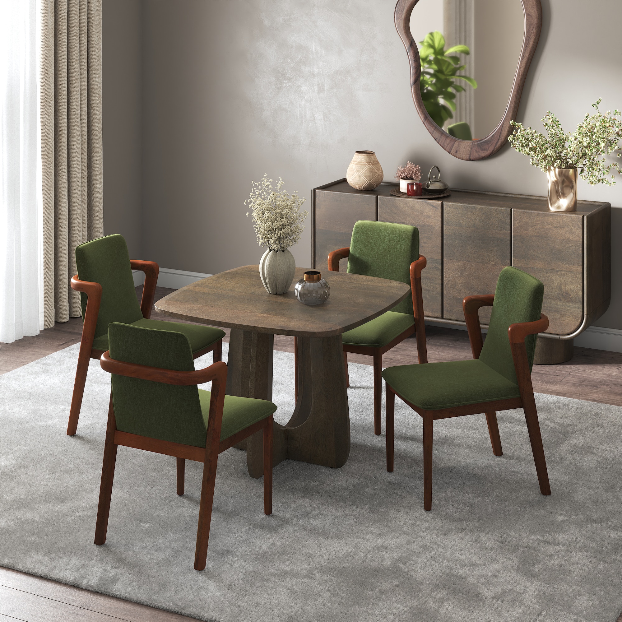 Aero Solid Wood 4 Seater Dining Table With 4 Harper Dining Chairs (Finish : Danish Walnut, Chair Colour : Moss Green)