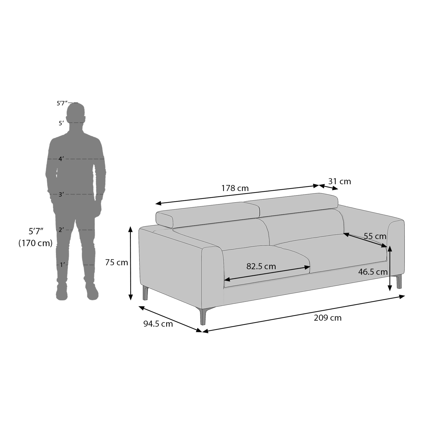 Chelsea 3 Seater Fabric Sofa (Vapour Grey)