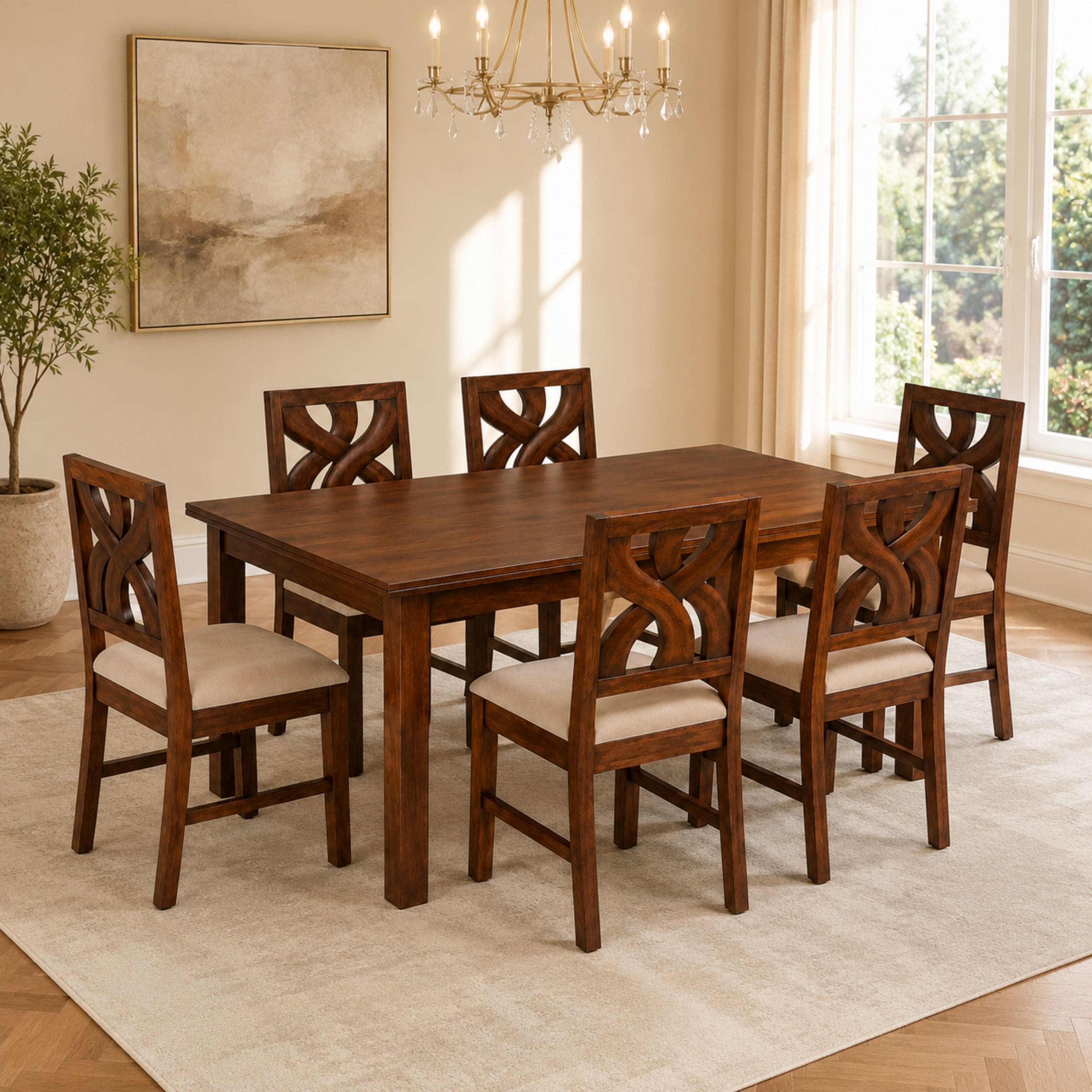 Globally Indian Anvaya Solid Sheesham Wood 6 Seater Dining Table Set 6 Chairs Beige