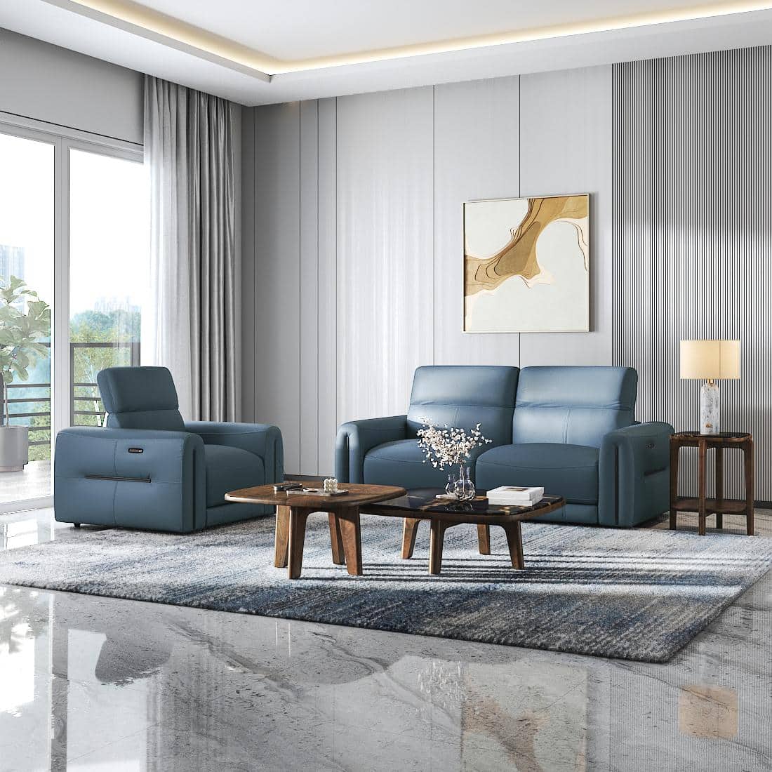 Linaro Leather 1 Seater Double Motor Recliner In Blue Colour