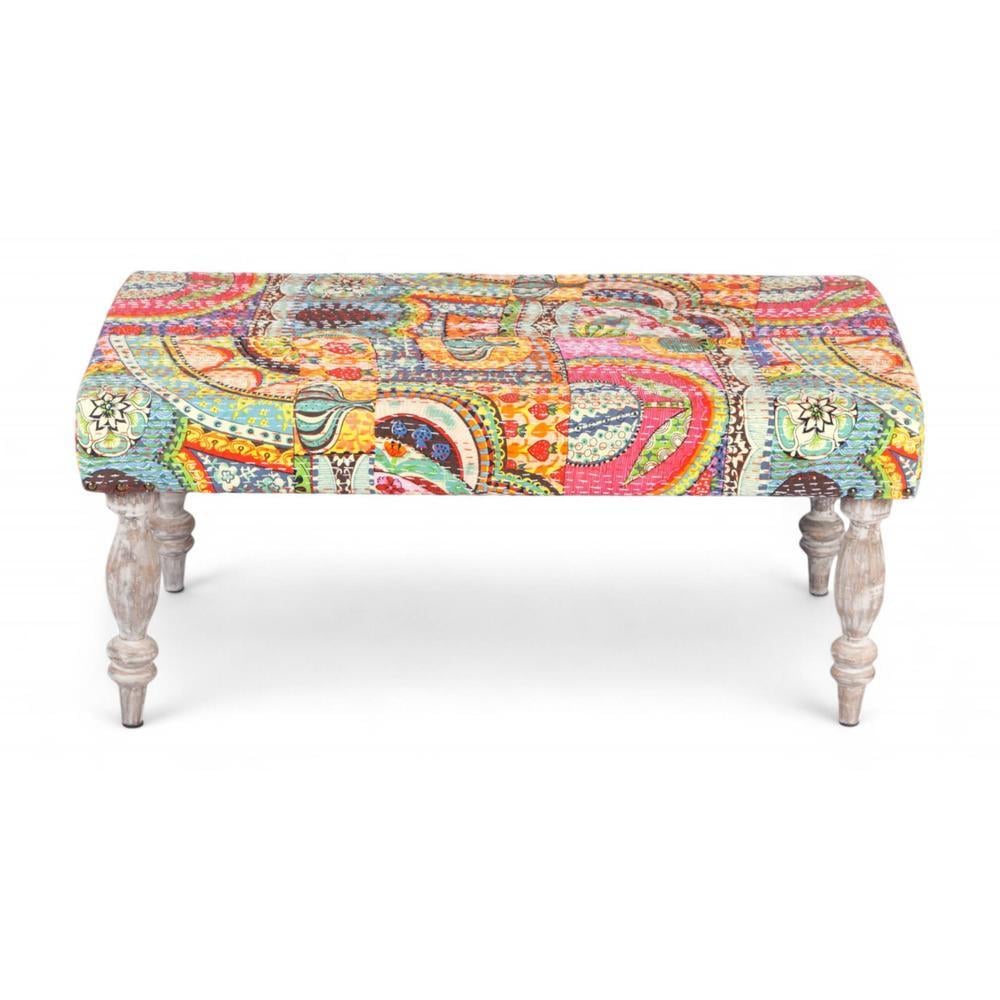 Bestone Solid Wood Bench In Multicolour Patch Kantha Fabric