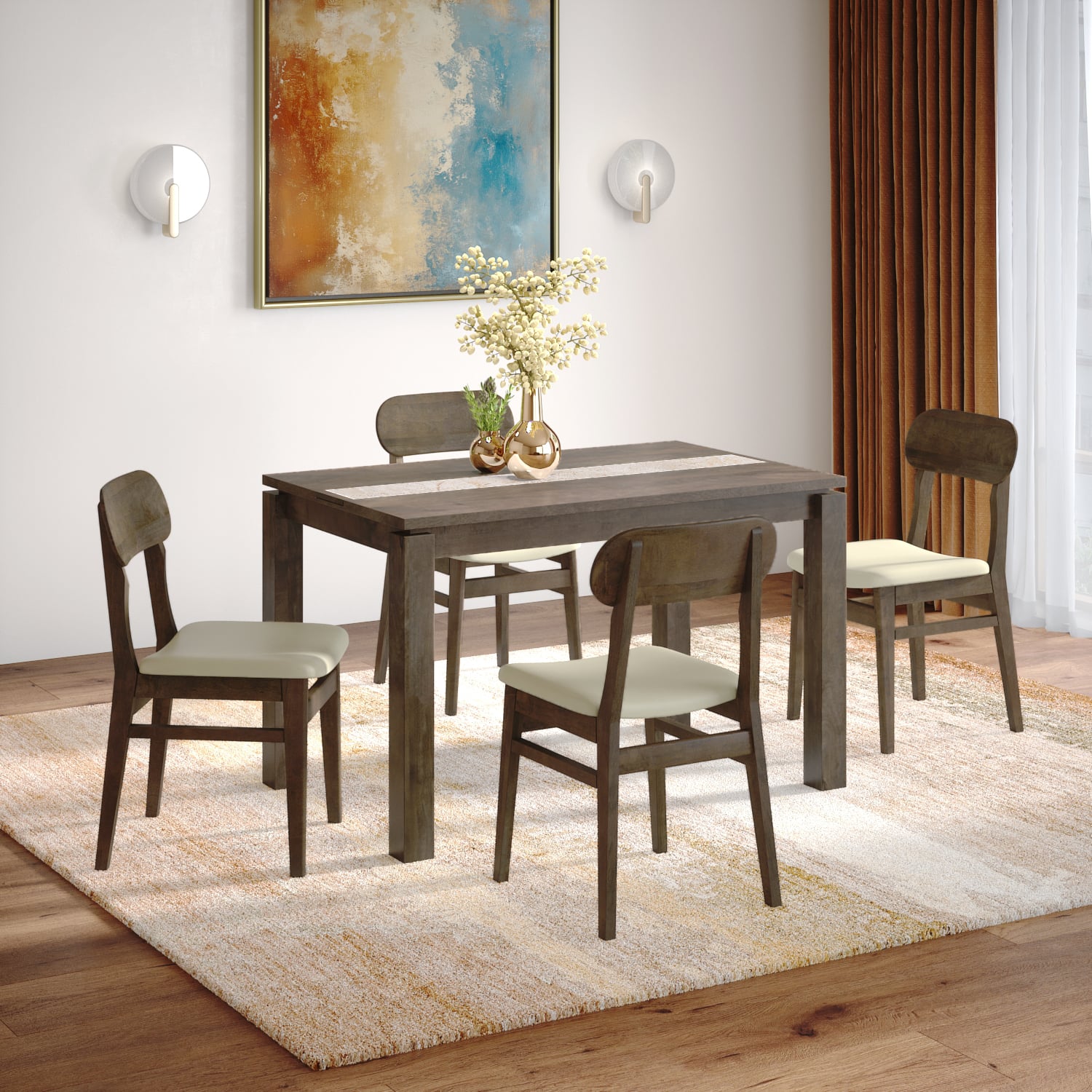 Atlas Crest Storage Solid Wood 4 Seater Dining Table With 4 Lunar Dining Chairs (Finish : Danish Walnut, Chair Colour : Ancient Ivory Cream)
